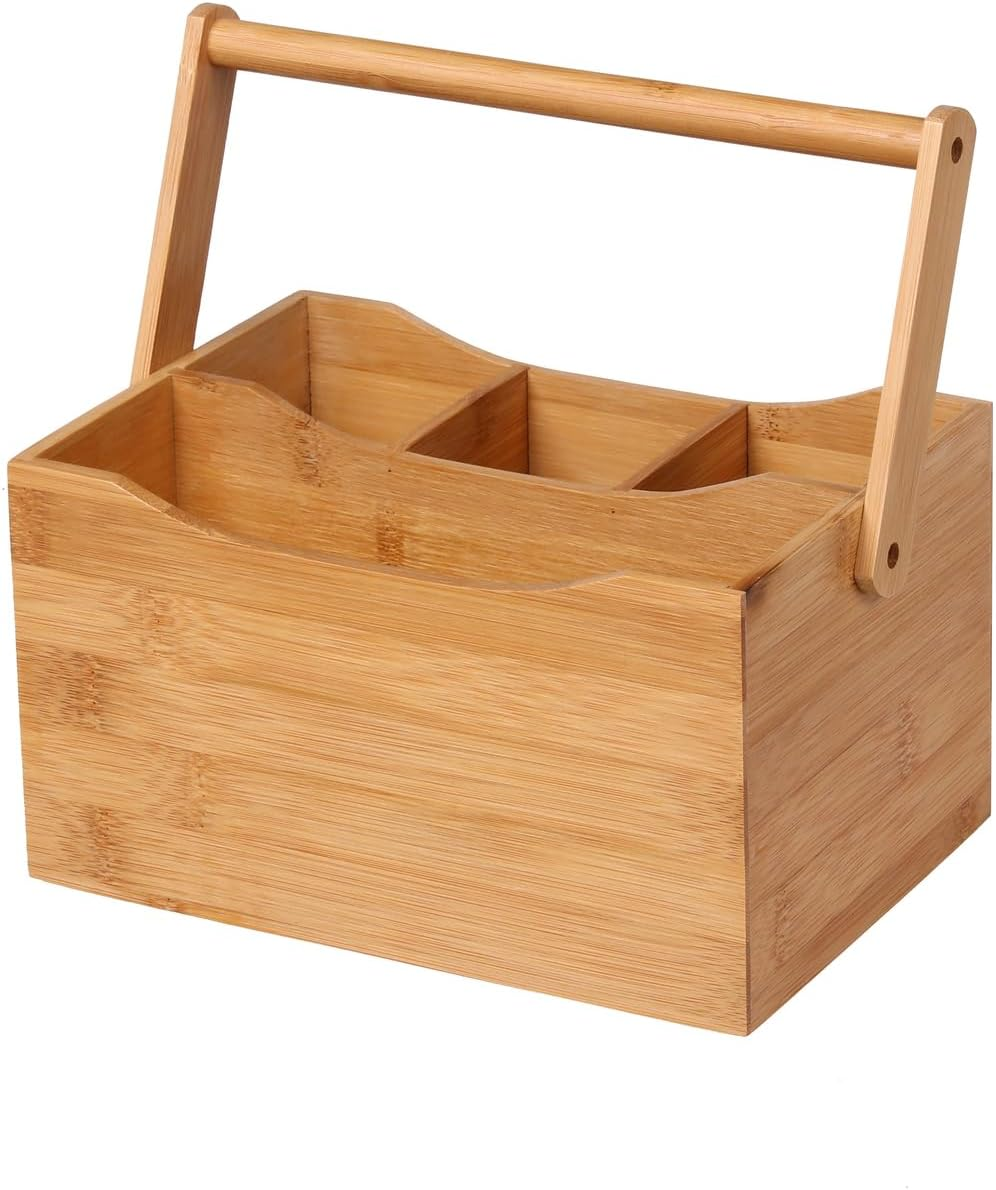 Sherwood Home Bamboo Cutlery Caddy Holds Knife/Fork/Spoon and Napkin/Serviette 4 Compartments Durable Eco-Friendly and Easy to Wash Carry Handle Built in (23X15X23Cm) image number 4