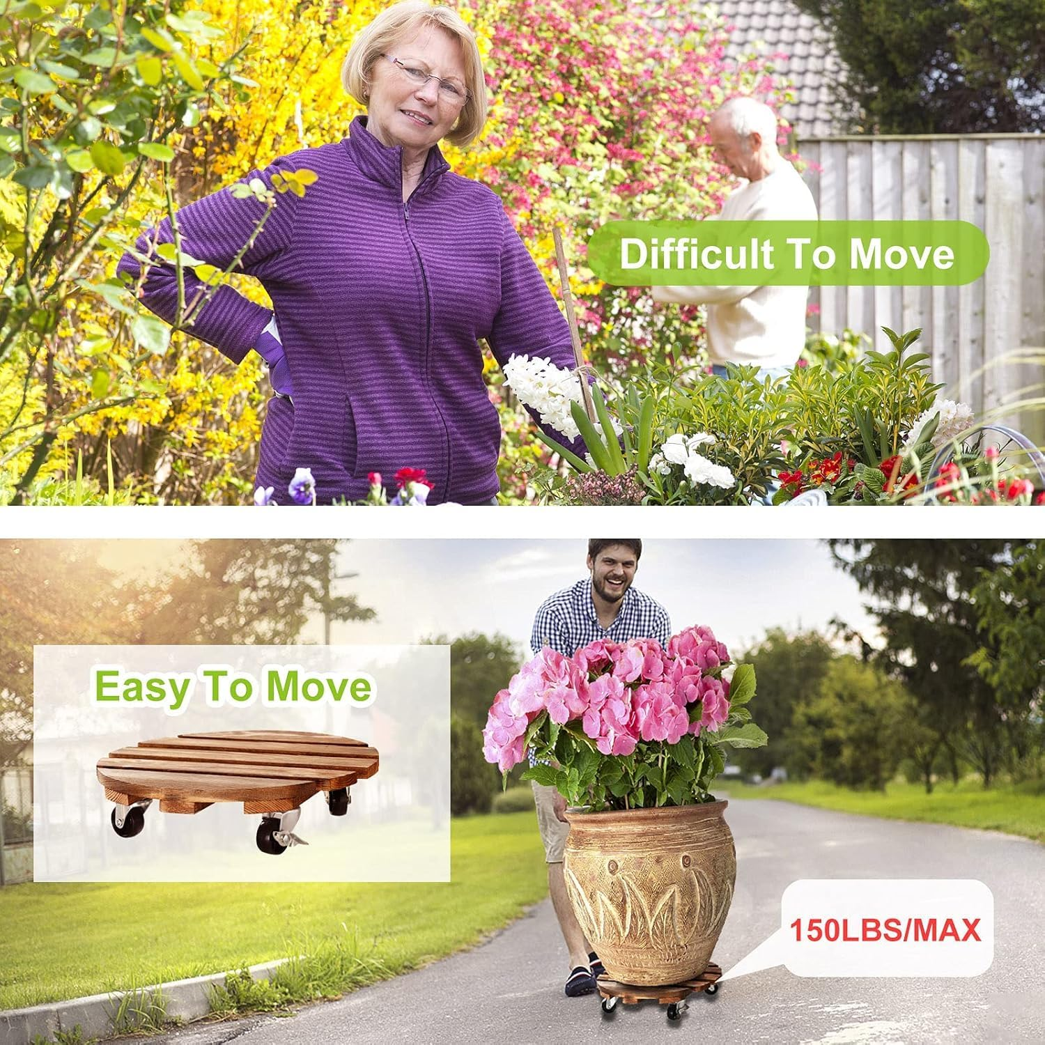 2 Pack Plant Caddy Wooden 40Cm/16Inch, Large Plant Stand with Wheels Heavy Duty Rolling Plant Stand round Plant Dolly Rollers Cart with Metal Lockable Casters for Outdoor/Indoor Large Plant Pot/Flower Pot/Patio image number 2