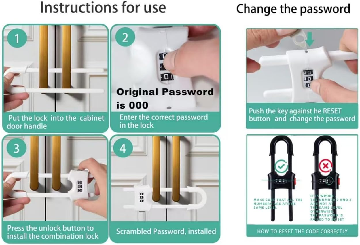 Child Proof Sliding Cabinet Door Code Locks Baby Safety Cupboard Locks Adjustable U Shaped Cabinet Latches for Knob Handle Drawers Closet (4 PCS, White) image number 7