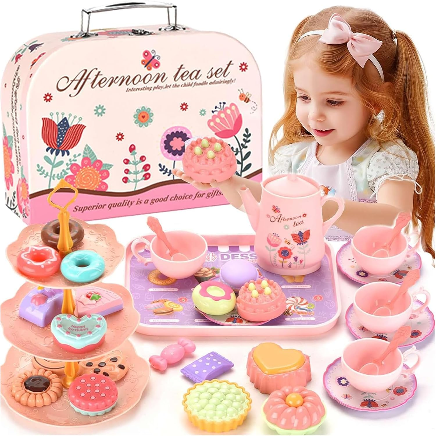 46Pcs Kids Tea Party Set for Little Girls, Princess Tea Time Toy for 3-8 Year Old Girls, Cute Princess Play Toddlers Tin Tea Set Birthday Toys Pretend Toys with Desserts, Flower Teapot, Carrying Case image number 6