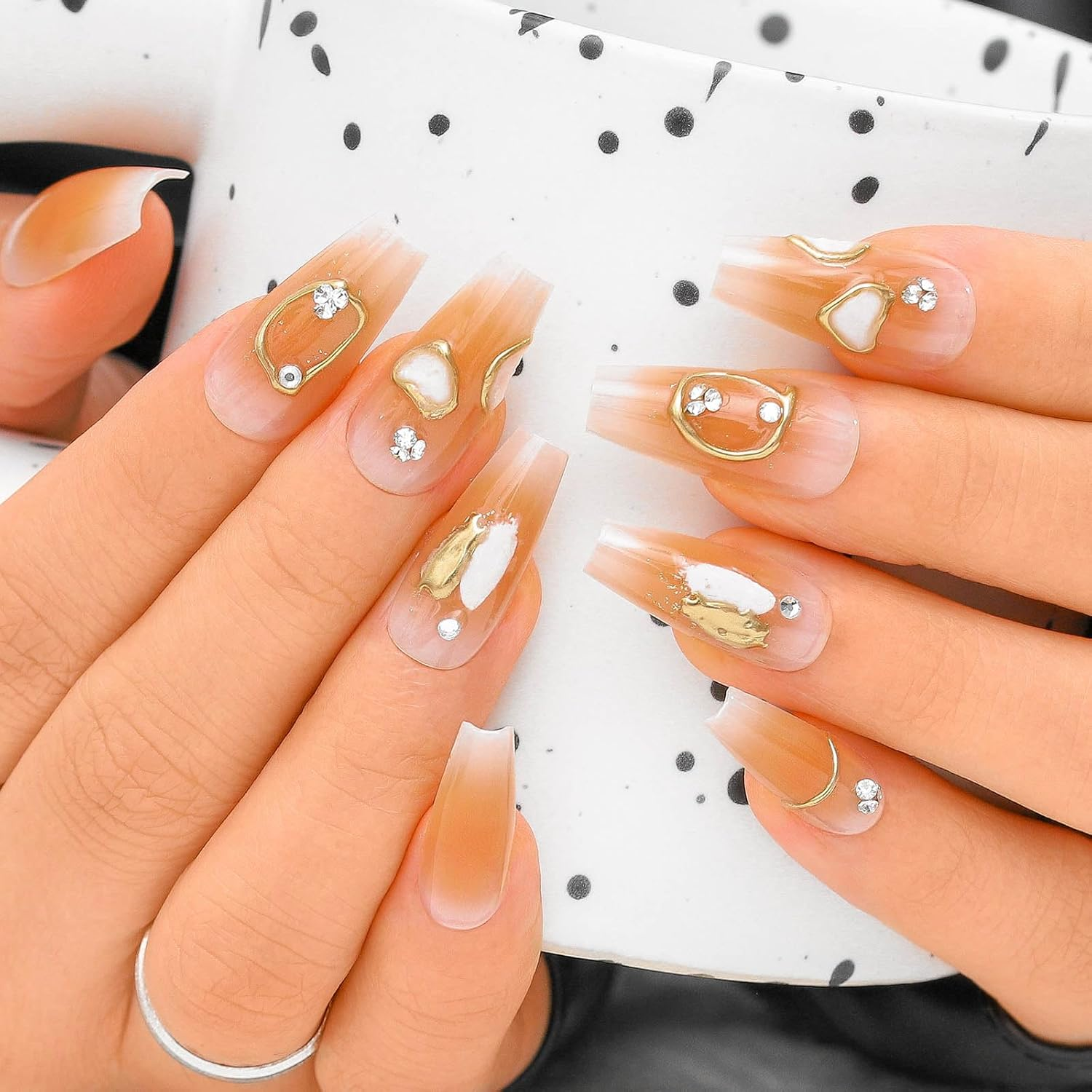 Sethexy Brown Long Coffin Nails Print Colour Gradient Glitter Shiny False Nails with Design 24 Pieces Full Cover Art False Nails for Women and Girls (10)