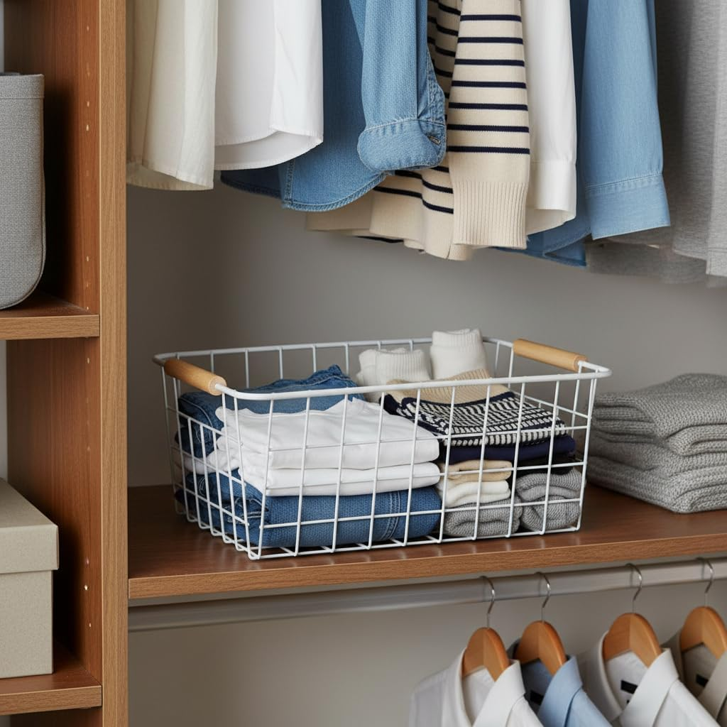 ZRAZ Kitchen Wire Baskets Farmhouse Decor Metal Wire Food Storage Organizer, Household Refrigerator Bin with Built-In Handles for Cabinets, Pantry, Bathroom, Laundry Room, Garage,Set of 4 (White) image number 3