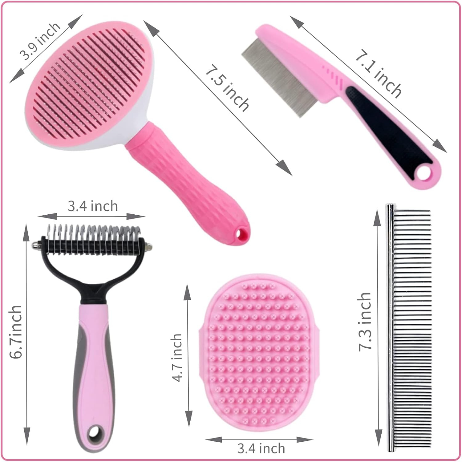 Dog Grooming Kit Pink - Deshedding Dog Brush, Pet Brush, Cat Brush, Slicker Brush, Flea Comb, Puppy Brush Set image number 4