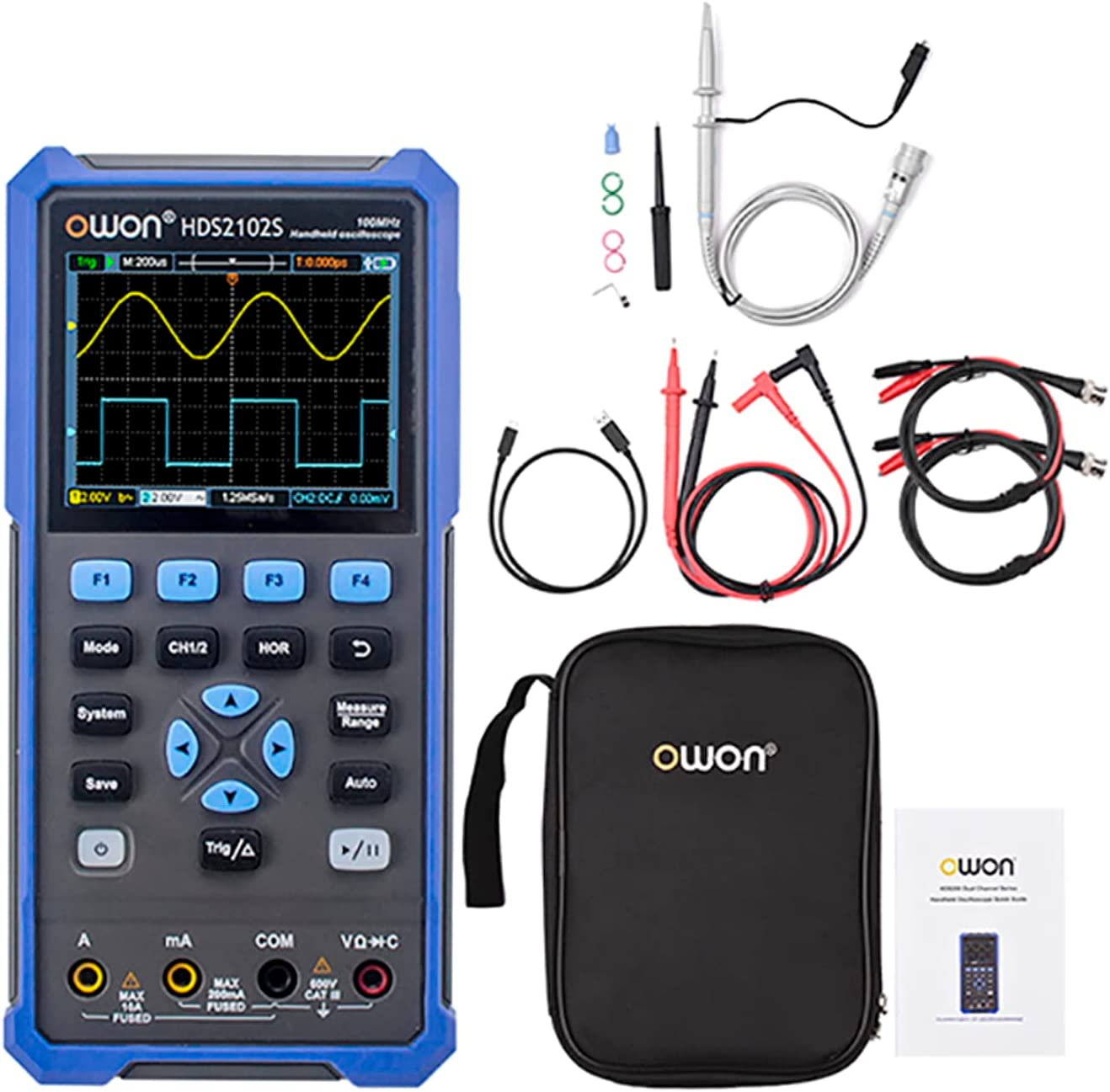 OWON HDS2102S 2CH Handheld Oscilloscope 100Mhz Bandwidth 20000 Counts Multiumeter OSC + DMM + Waveform Generator image number 3