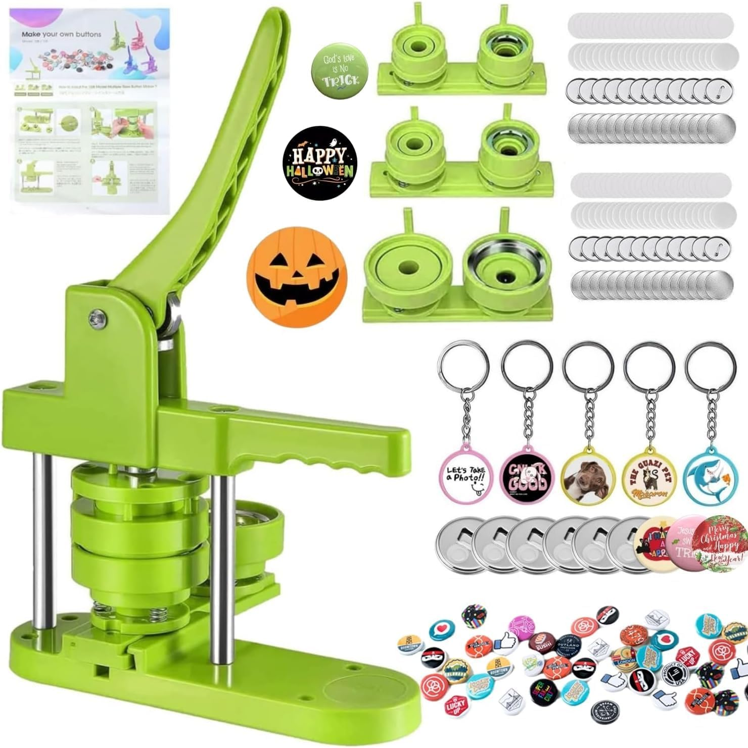 Button Maker Machine, Badge Making Machine Multiple Sizes 25-32-58Mm, 500 Buttons,15 Bottle Openers,15 Fridge Magnets,15 Keychain Buttons, 500+ Free Designs,3 Circle Cutters (Blue)