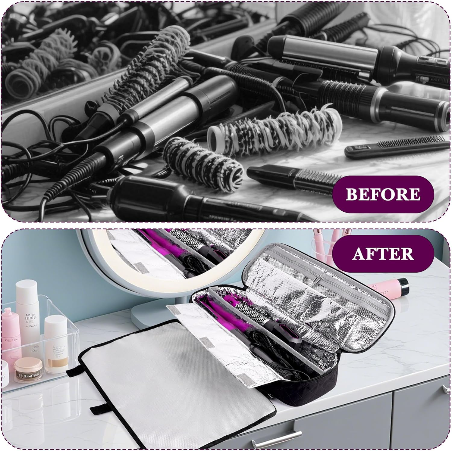 Linkidea Curling Iron Storage Bag, Travel Hair Tools Organizer with Compartment, Compact Portable Hair Accessories Case, Flex Style Heat Resistant Carrying Pouch for Outdoor Use, Black image number 2