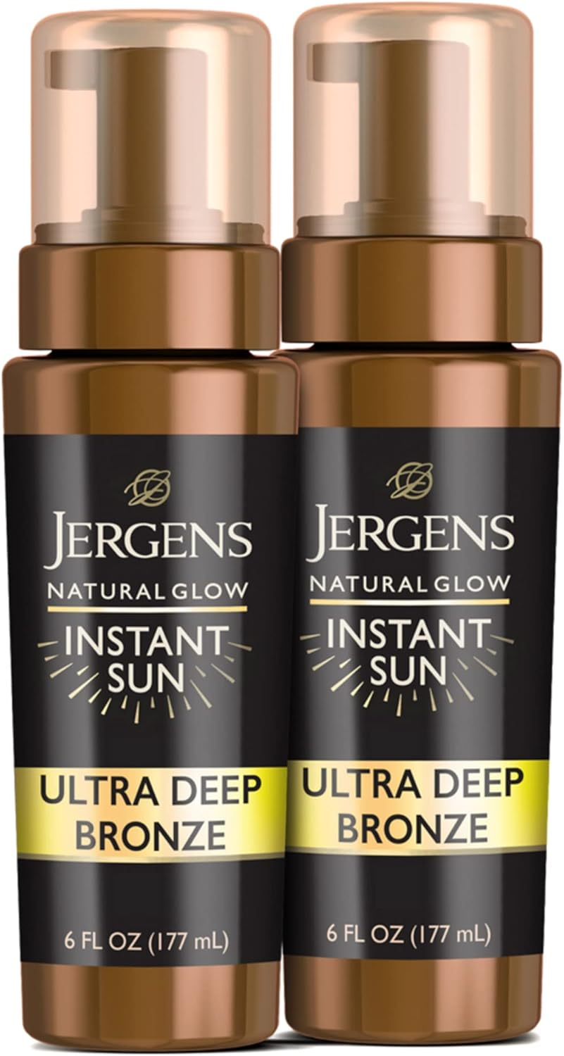 Jergens Natural Glow Instant Sun Body Mousse, Self Tanner for Ultra Deep Bronze Tan, Sunless Tanning Body Bronzer, Natural Looking Fake Tan, 6 Oz, Pack of 2