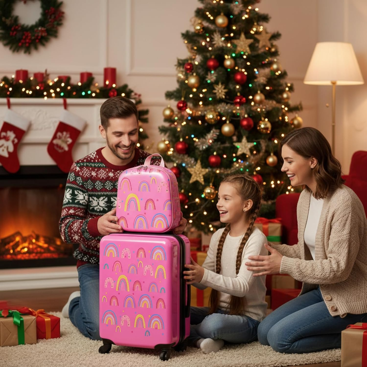 Sanwuta 4 Pcs Kids Luggage Set Kids Backpack Travel Rolling Suitcase with Wheels U-Shape Pillow Childrens Gift for Girls Boys, Rainbow Pink, 17 Inch, Rainbow Style image number 1