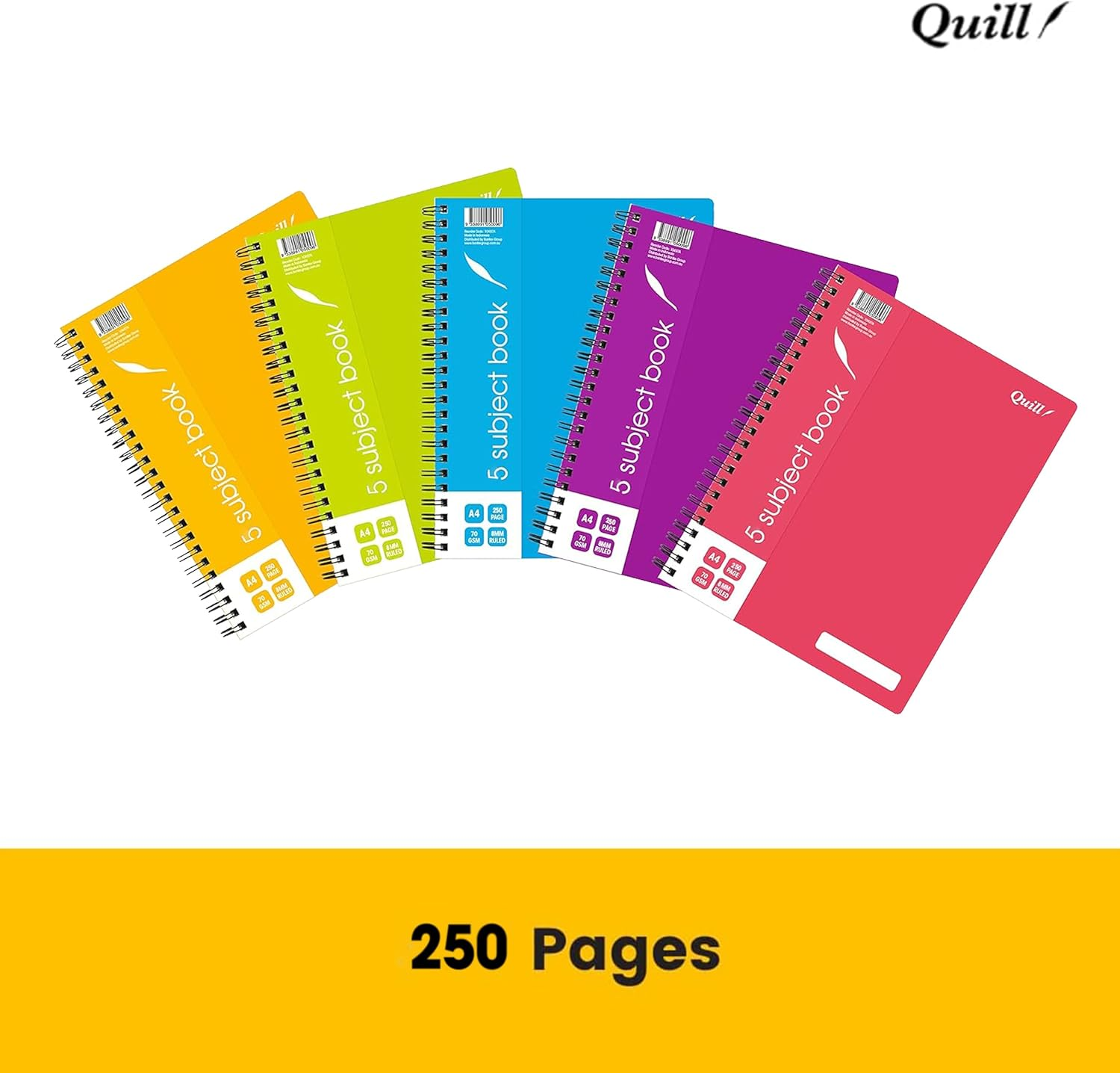 Quill, 5 Subject Notebook A4, 250 Pages, 8Mm Ruled, 70Gsm, 7 Punched Holes, with Red Margin and Perforated Pages, Water Resistent Cover, Random Colour image number 6