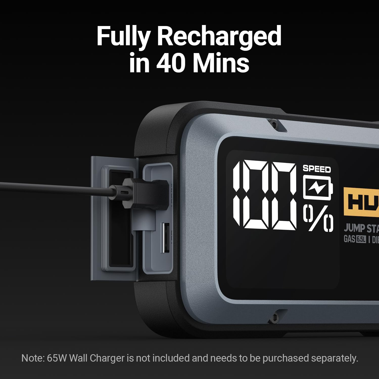 Hulkman Alpha65 Space Gray, 1200A 44.4Wh Smart Jump Starter, 12V Portable Car Battery Booster with 2.9" Display, USB-C Power Pack, 4-Mode LED Flashlight, Jumper Cables for up to 6.5L Gas/4.0L Diesel image number 3