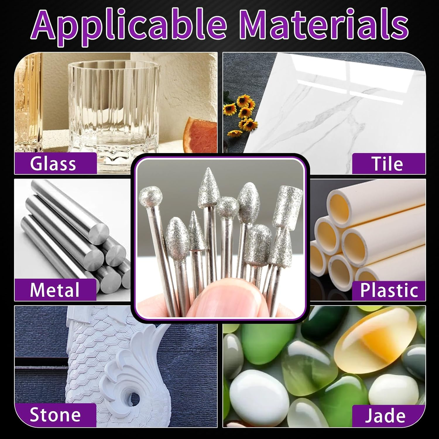 Diamond Grinding Bit Compatible with Dremel, 52Pcs Stone Carving Set Diamond Bits 1/8" (3Mm) Shank Polishing Kit for Stone Glass Ceramics Carving Polishing Grinding Etching image number 1