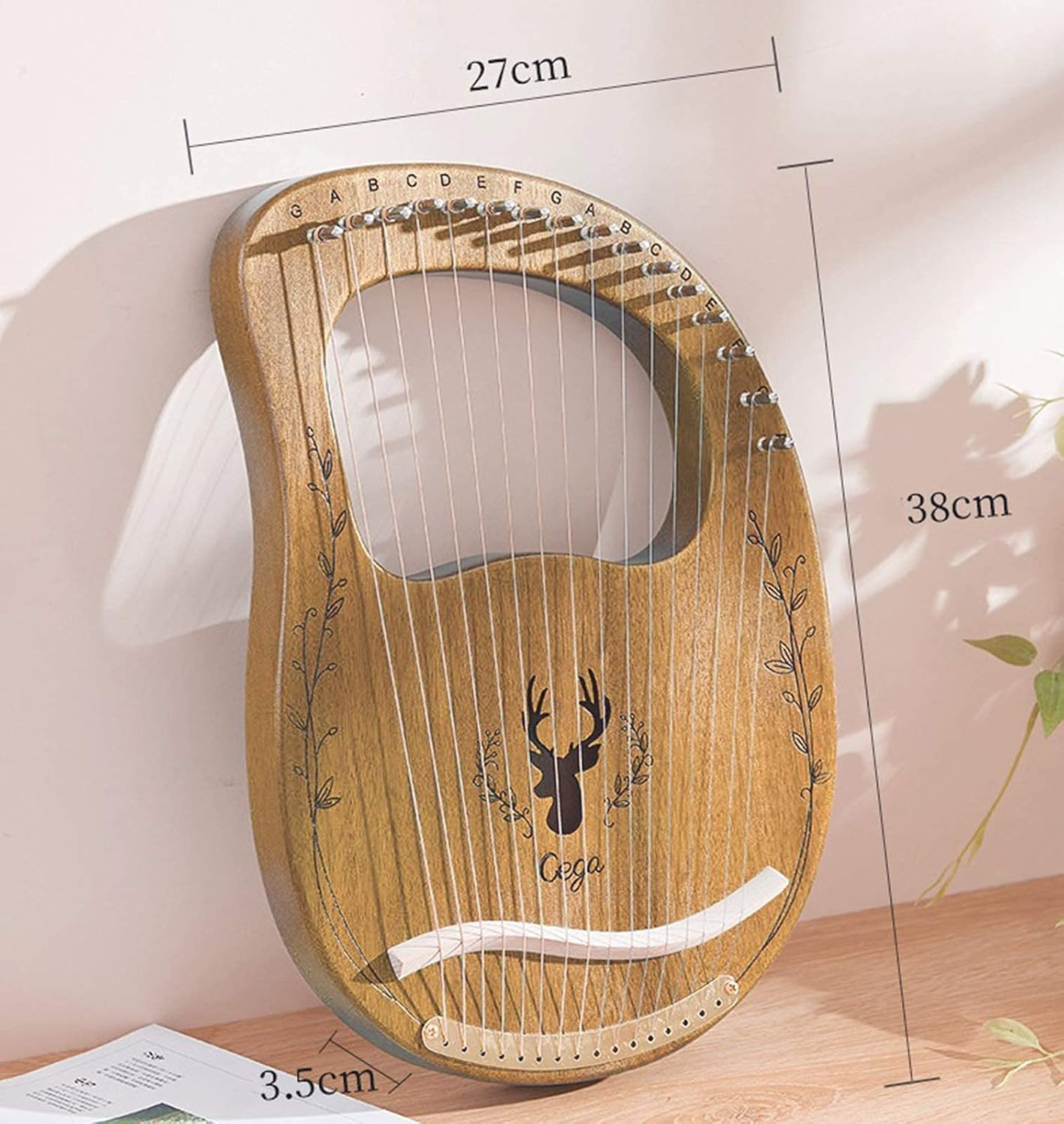 Lyre Harp, 16 Strings Mahogany Solid Wood Metal String Adult/Child Musical Instrument, with Tuning Wrench Pick, Black Gig Bag, and Music Tutorial for Beginner Instrument Lovers (Wood Color) image number 3
