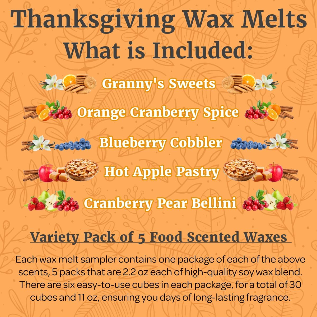 Fall Wax Melts Wax Cubes 5 Pack - Orange Cranberry Blueberry Apple Wax Melts Fall Scents, Soy Blend Fall Scented Wax Melts, Cookie Food Wax Melts (30 Cubes, 11 Oz, Thanksgiving Wax Melts Variety Pack) image number 2