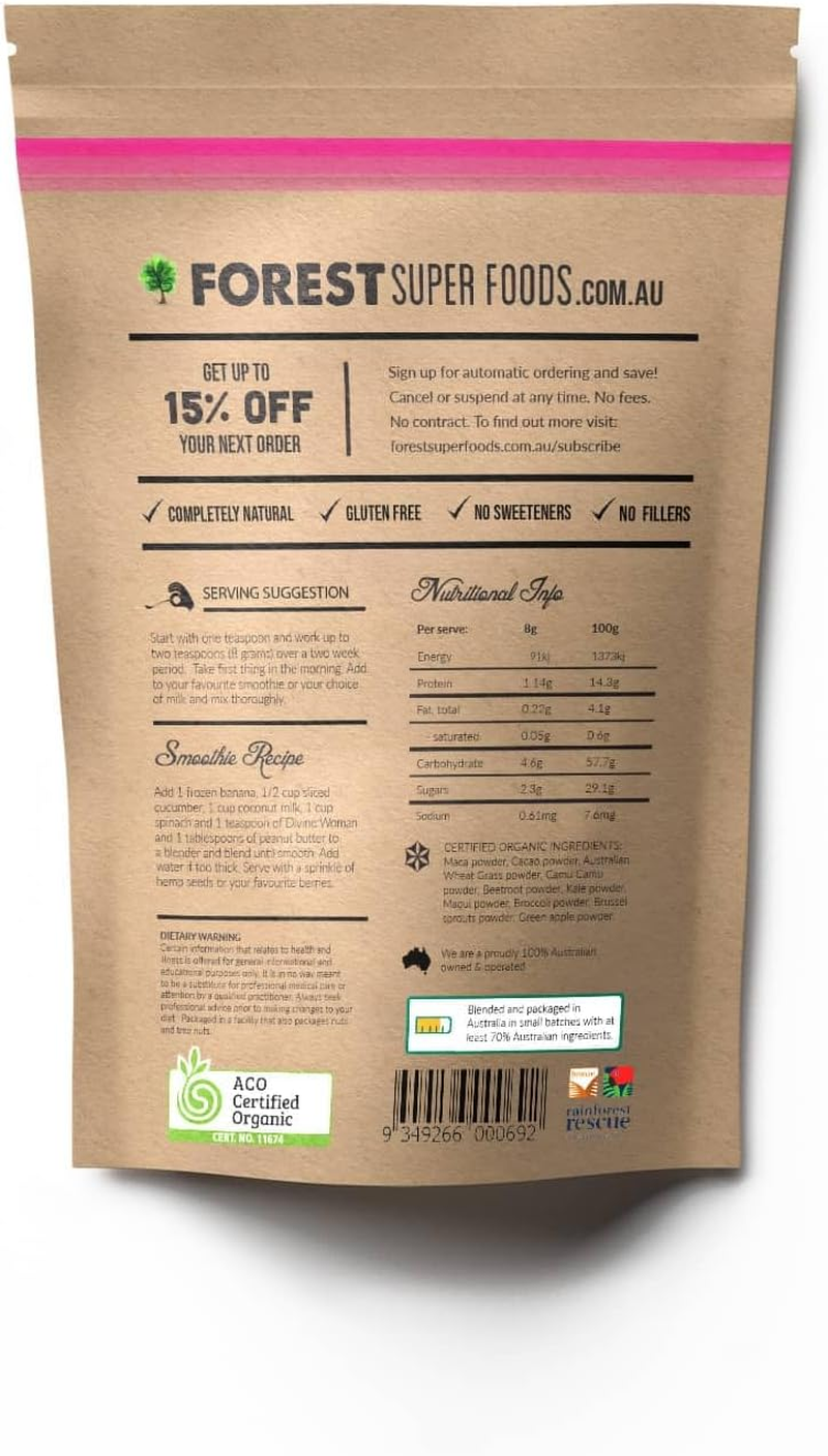 Divine Woman Womens Multivitamin | 300X Capsules | Maca Root, Cacao Bean, Wheatgrass, Camu Camu Berry, Maqui Berry, Kale + Broccoli | 100% Wholefoods and Organic | Forest Super Foods image number 2