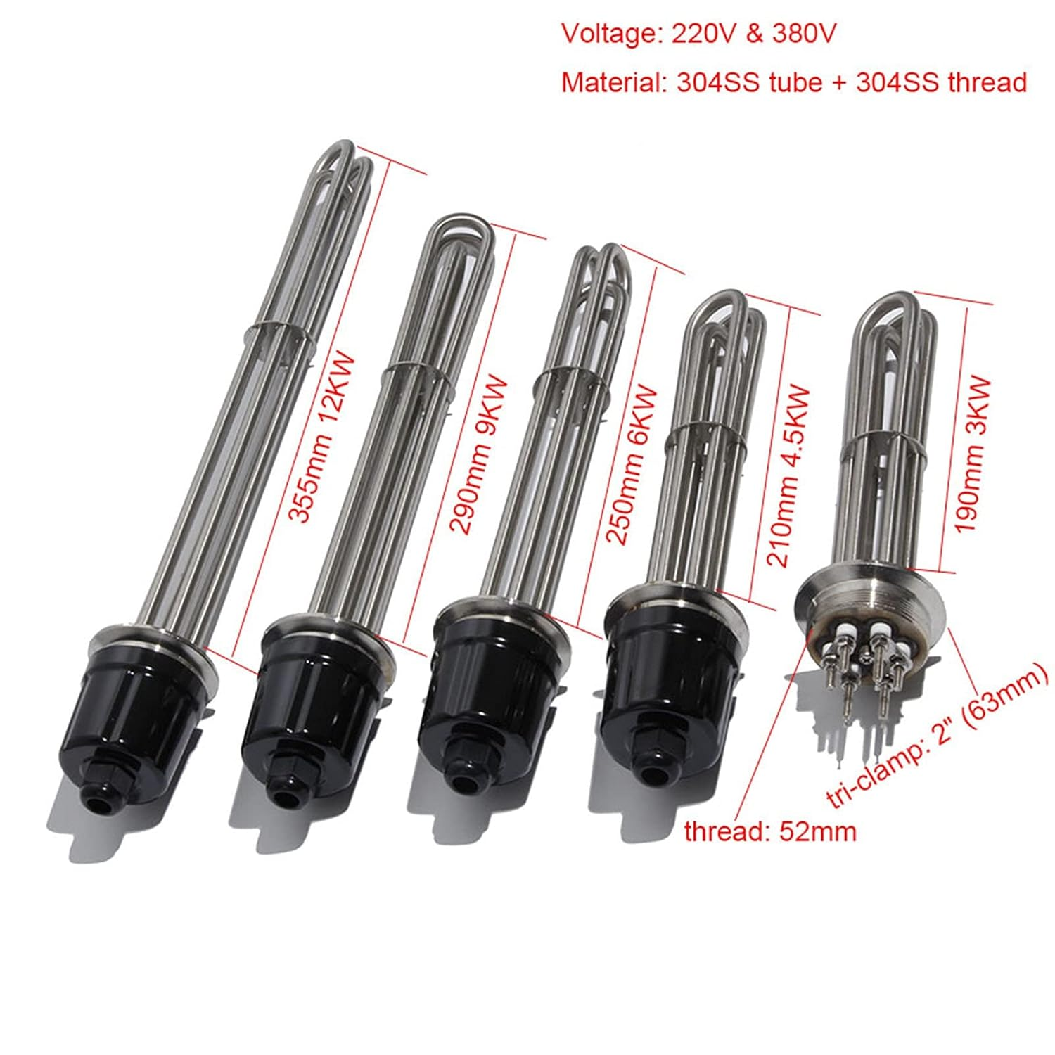 JINGERL All 304SS Tubular Immersion Water Tank Heater Heating Element 2" Tri-Clamp 3KW/4.5KW/6KW/9KW/12KW 220V380V for Homebrew (Color : 380V, Size : 9KW 290L 304SS)
