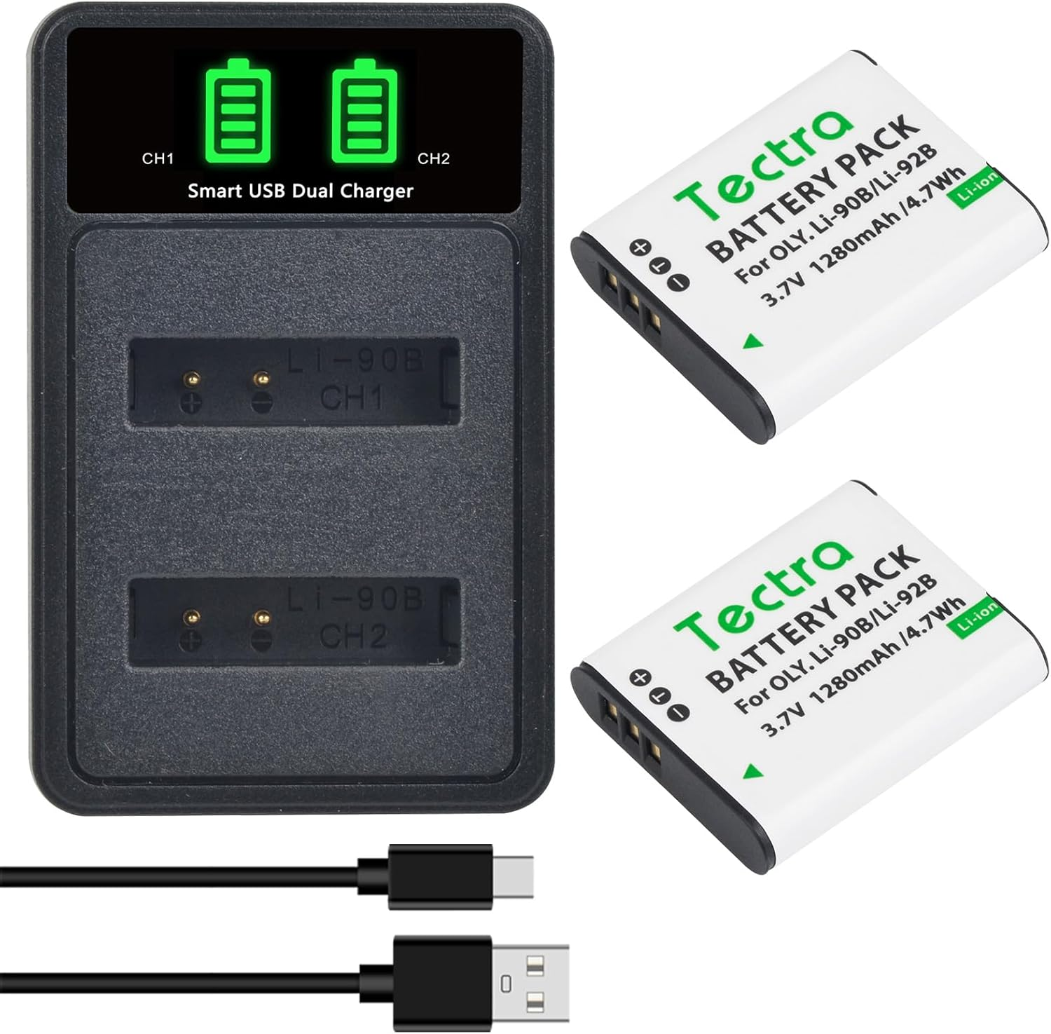 Tectra 2Pcs LI-90B LI-92B Battery and LED Dual Charger for Olympus Tough TG-7, TG-6, TG-5, Tg-Tracker, Tough SH-1, SH-2, TG-1 Ihs, TG-2 Ihs, TG-3, TG-4, SH-50 Cameras image number 1