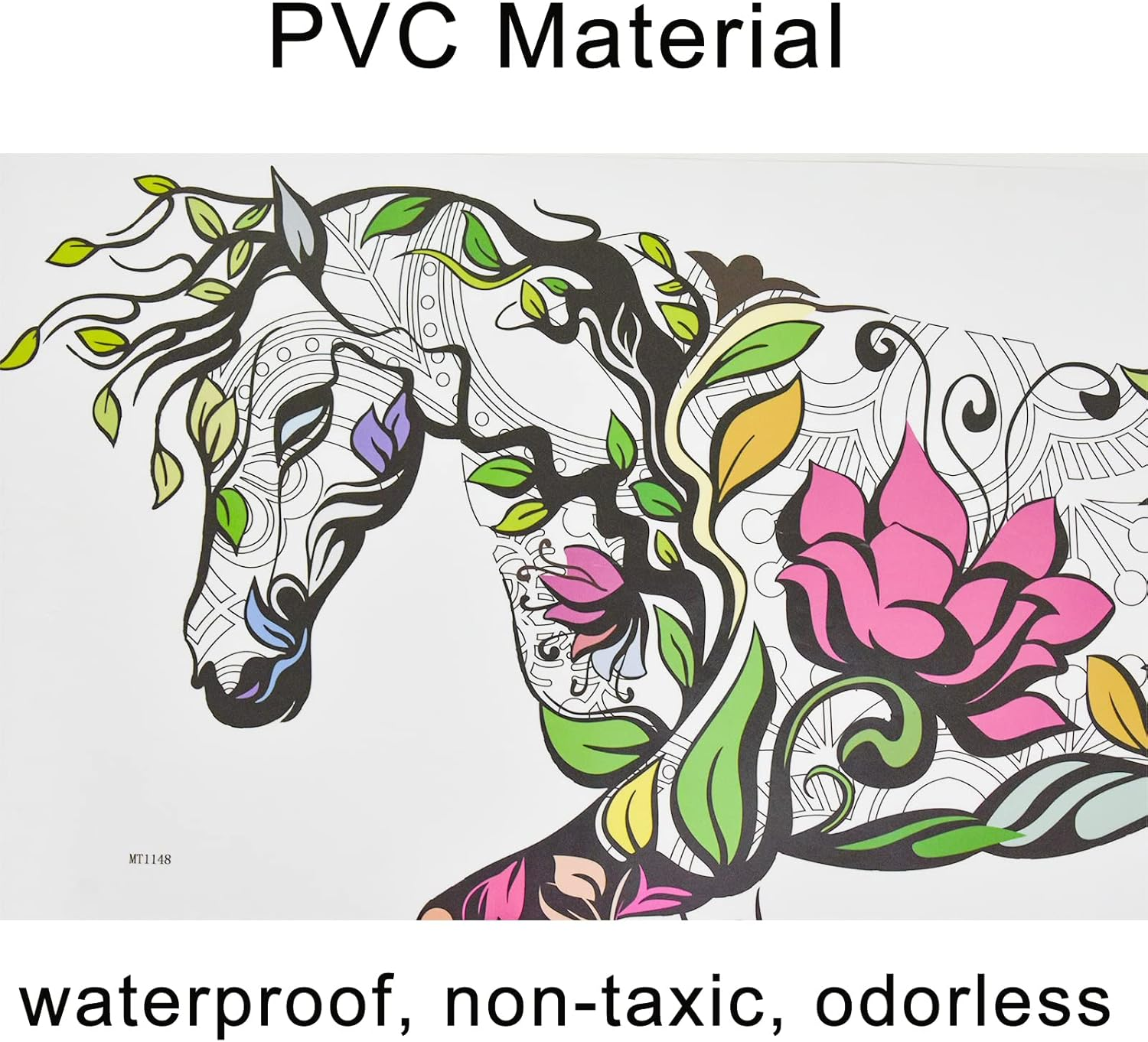Pinenjoy Colorful Horse Wall Decal Mandala Flower Leaf Wall Sticker 23X15Inch Removable Vinyl Wall Decoration for Bedroom Living Room TV Sofa Backborad image number 1