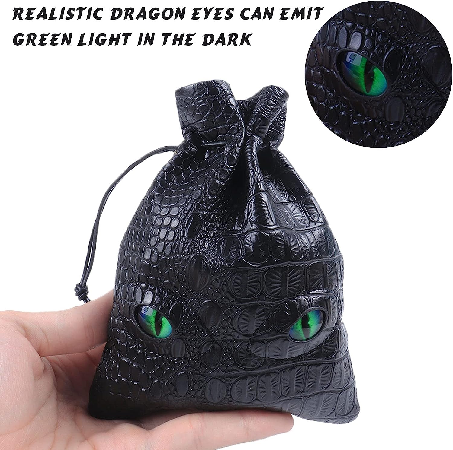 Black DND Dice Bag, DND Dice Bag with Green Eys Can Hold 6 DND Dice Sets, Fire Dragon Leather Coin Bag, Glows Green Light in Eyes, Suitable for DND, Fantasy RPG Game Accessories, Dice Not Included image number 6