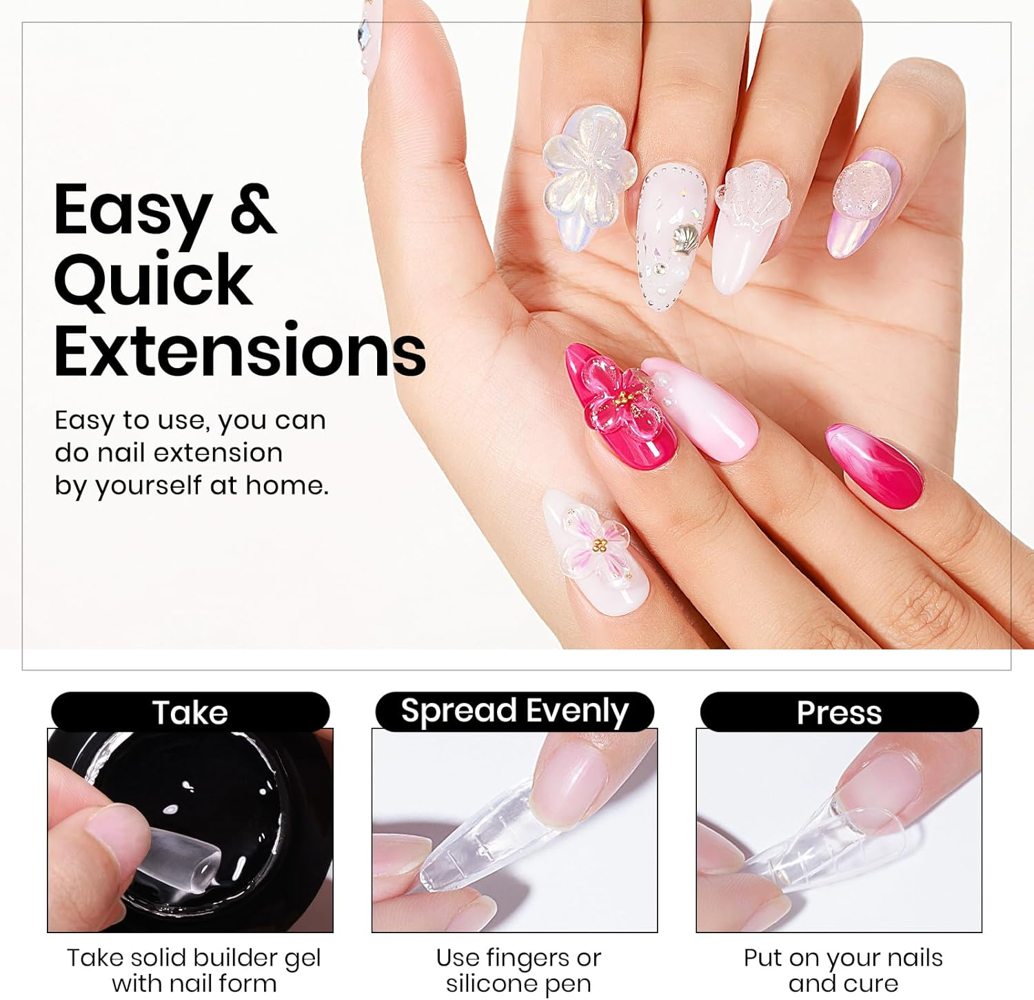 MIZHSE 30G Solid Builder Gel for Nail and 15G 3D Nail Gel, Clear Hard Gels for Nails Sculpting Gels for Nails Art Soak off U V LED Salon Home DIY Woman - A-30G Solid Builder Gel +Nail Chrome Powder image number 4