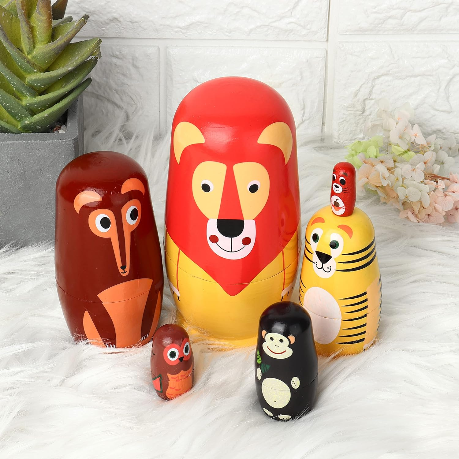 SWANGSA 6 Pcs Russian Nesting Dolls, Cute Cartoon Animals Handmade Wood Stacking Matryoshka Nesting Dolls for Kids Birthday Wishing Gift, Home Decoration