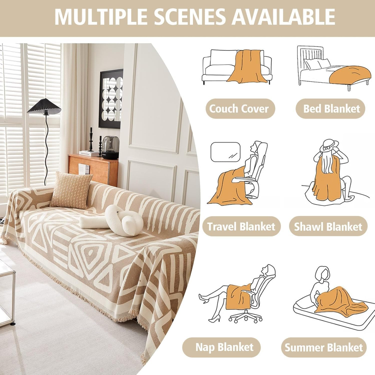 Double Sided Chenille, Soft Sofa Cover Towel, Couch Slipcovers with Tassels Couch,Stylish Sofa Cover Can Be Used as Sofa Blanket, Shawl, Usable in All Seasons (Beige-White, 180 * 300Cm) - Beige-180*230 image number 4