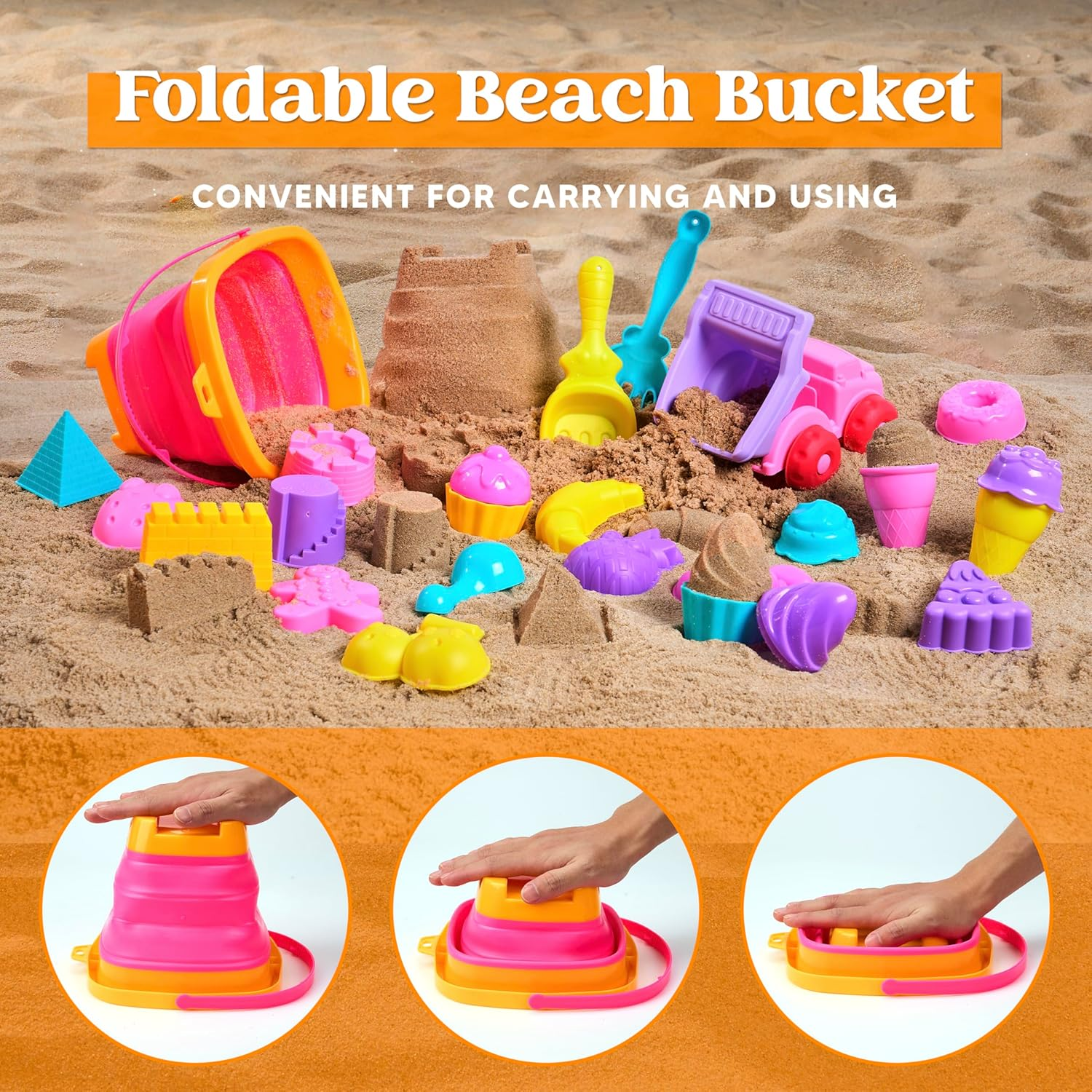 Sloosh Beach Sand Toys Set - Pink Dump Truck Car Toy with Sand Molds, Collapsible Buckets Mesh Bag Shovels Castle Ice Cream Mold for Ages Kids Toddlers Sandbox Toys Gifts Travel Vacation (Foods) image number 4