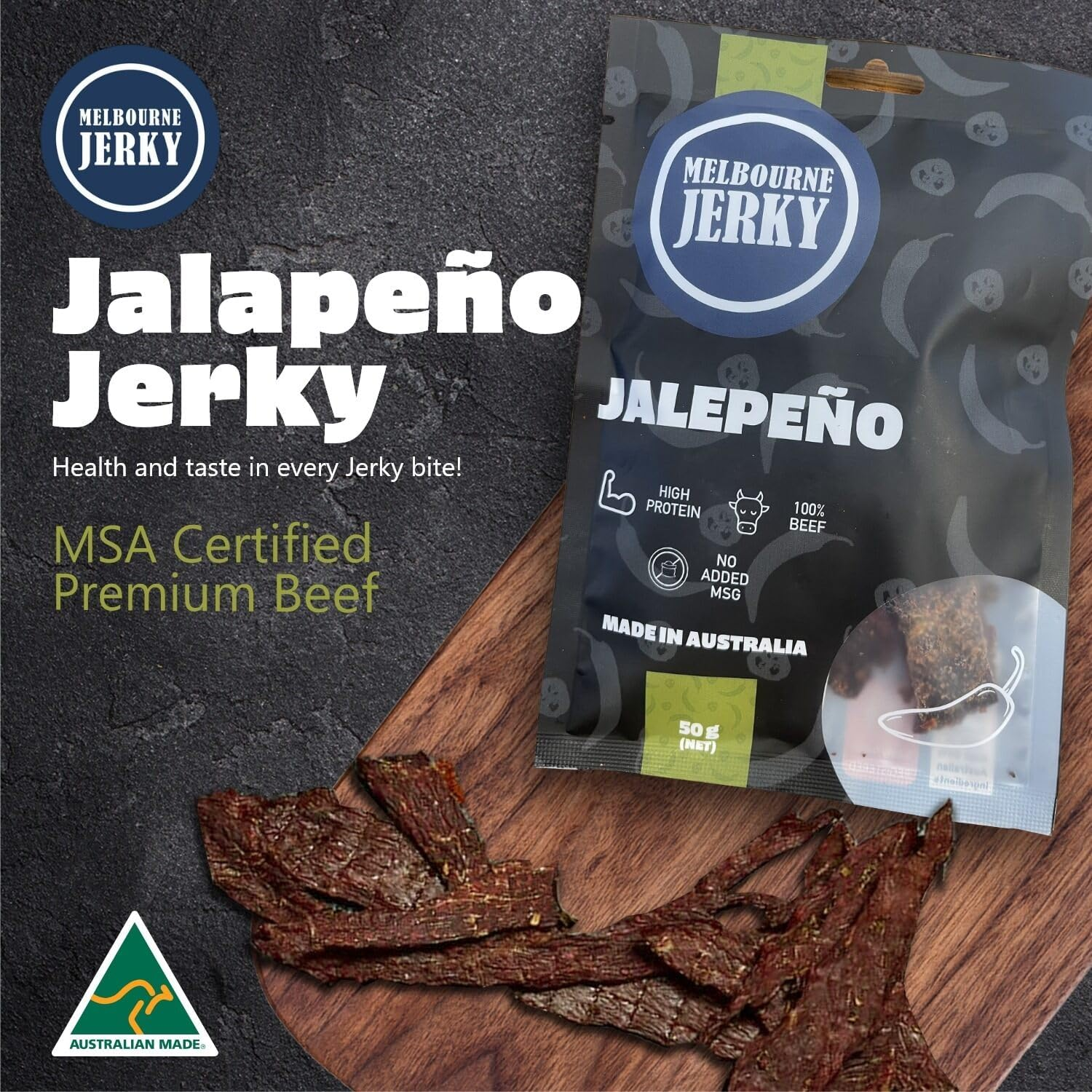 Melbourne Jerky, Premium Beef Jerky, MSA Grade, High-Protein Snack, Wholesome, Tender, Juicy, Flavourful, Australian Made, Ready-To-Eat, Healthy Snack Alternative, Jalapeno Flavour, 50G image number 4