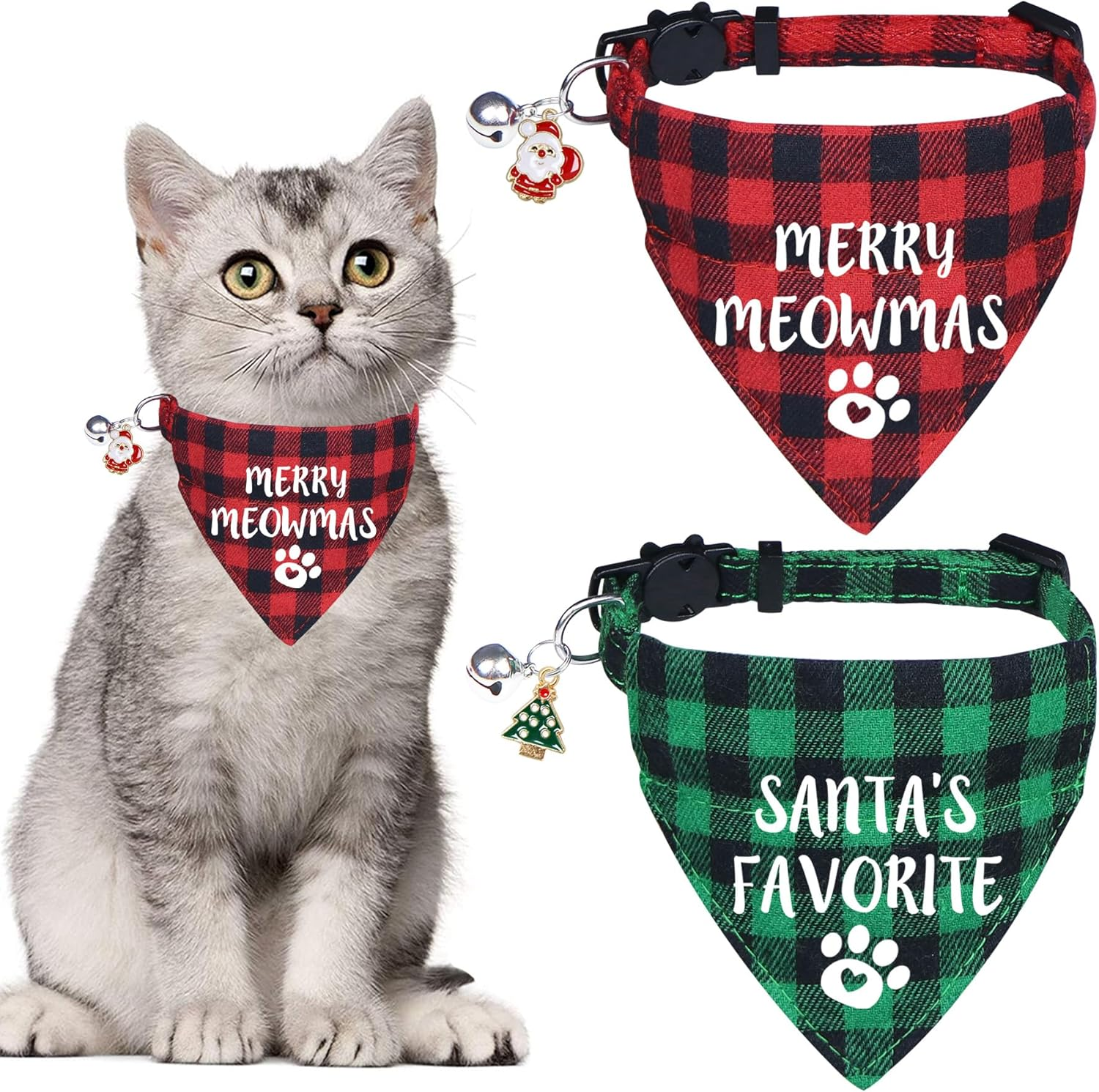STMK 2 Pack Christmas Cat Bandana Collar with Bell, Breakaway Holiday Cat Kitten Bandana Collar with Bell Santa Christmas Tree for Christmas Cats Costumes Outfits (Merry Meowmas & Santa'S Favorite) image number 2