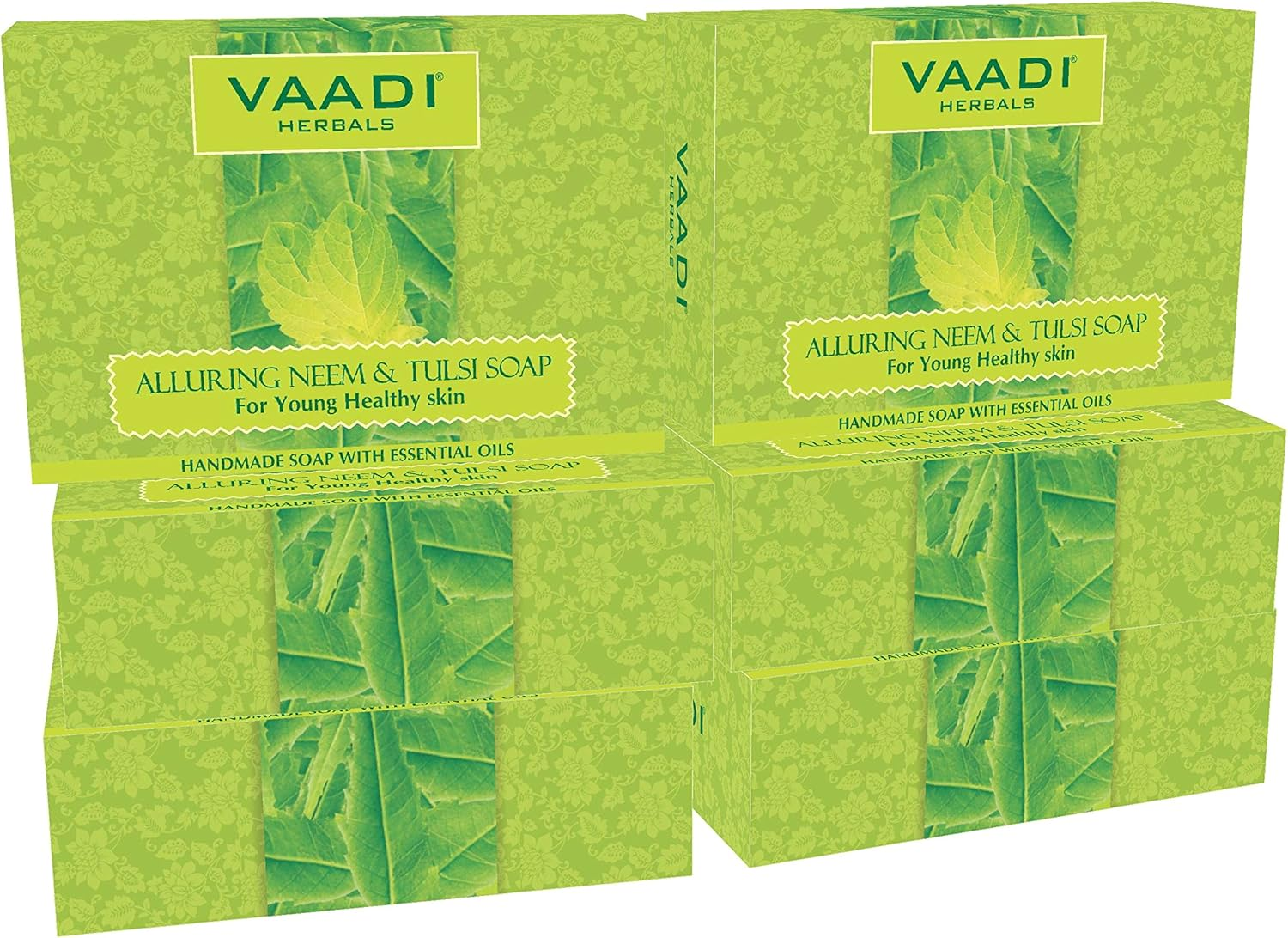 (Neem Tulsi Soap) - Handmade Ayurvedic Bar Soaps - ALL Natural - Best Natural Skin Moisturiser - Made with 100% Aromatherapy Essential Oils - Antifungal - Antibacterial - anti Ageing - anti Acne - Each 80Mls - Pack of 6 (470Mls) - Vaadi Herbals image number 1