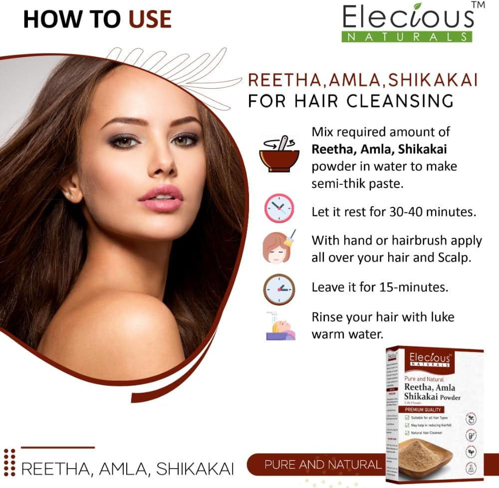 Elecious Naturals Amla, Reetha, Shikakai Powder for Hair | 3-In-1 Natural Hair Cleanser | 100% Natural, No Chemical, No Preservative | SLS, Paraben Free | Ready to Use image number 6