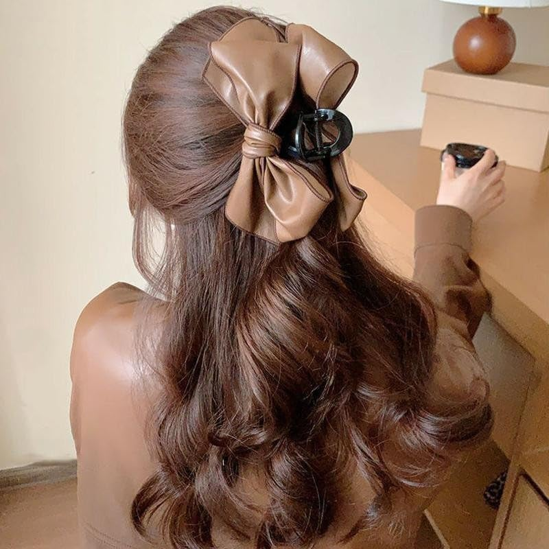 BSLVWG Hair Claws with Bow Black Leather Large Hair Bows for Women Brown Large Hair Clips Non-Slip Strong Hold Hair Accessories for Thin Medium Thick Stylish Hair Clips image number 5