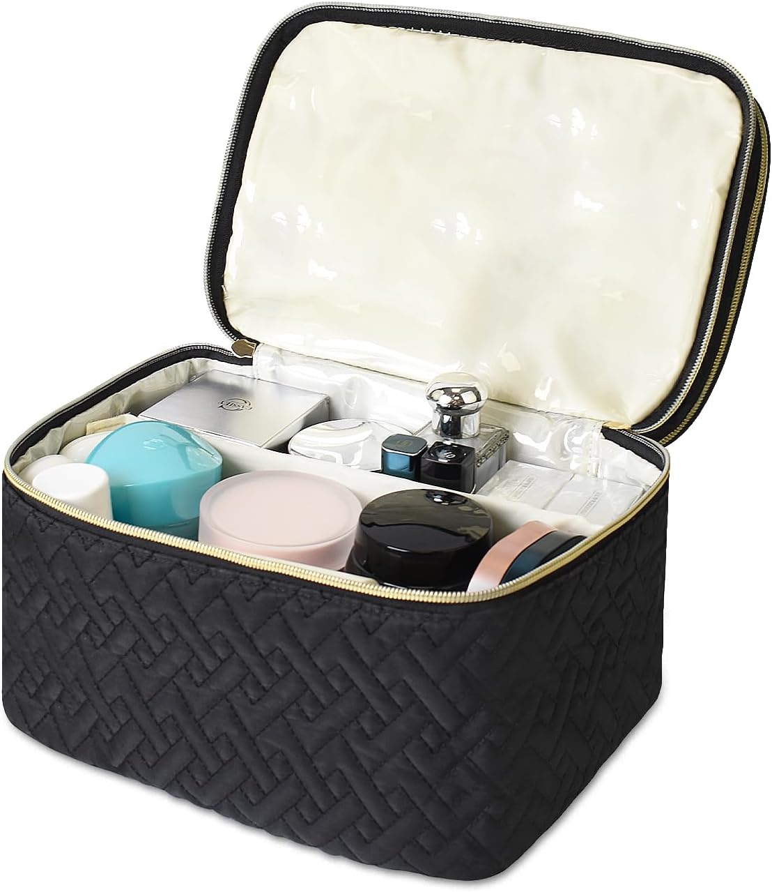 Makeup Bag Organiser for Women, Large Double Layer Cosmetic Make up Bag with Brush Compartment, Portable and Water-Resistant Toiletry Bag Travel Essentials, Black