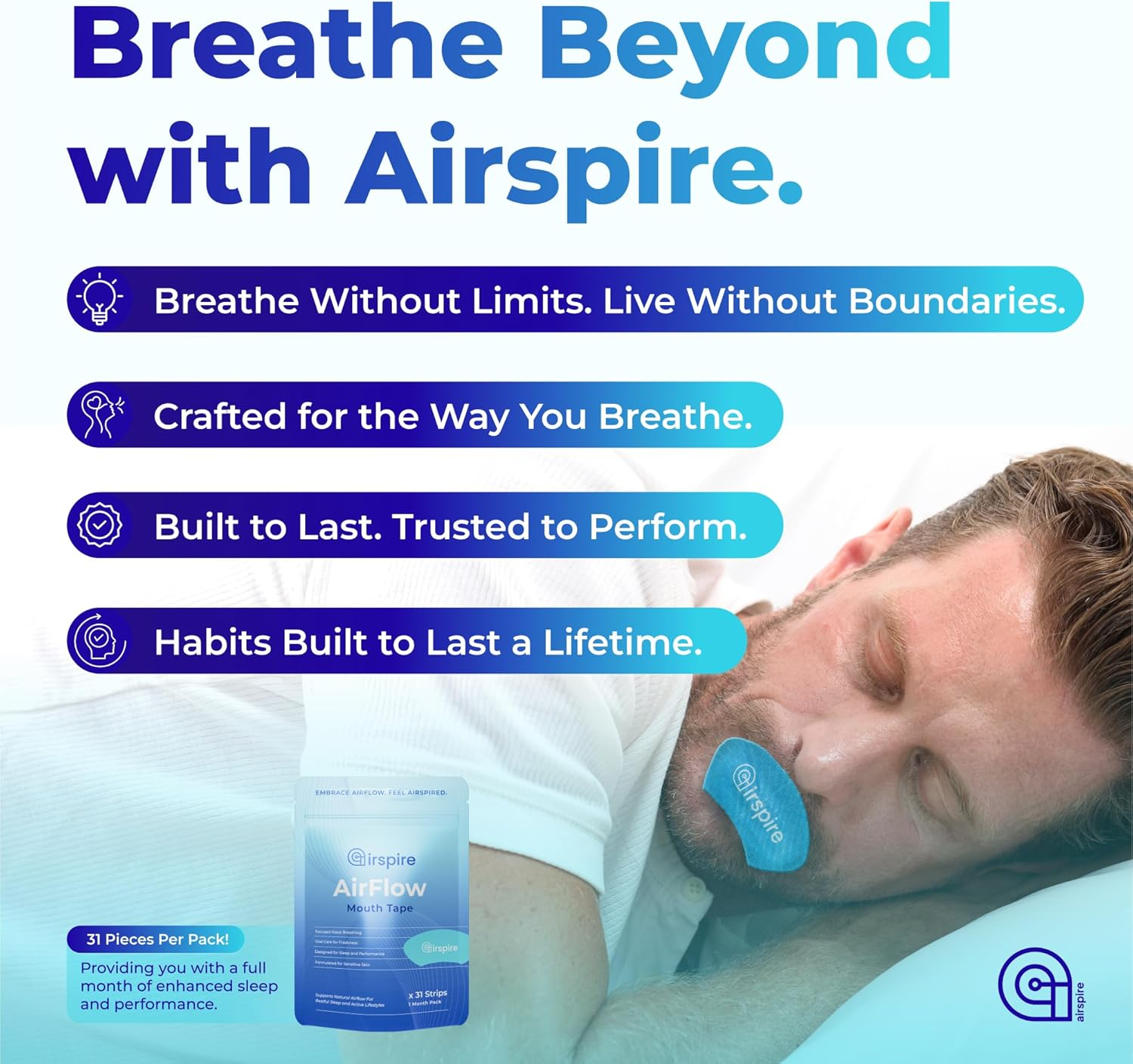 Airspire Airflow Mouth Tape - 31-Pack | Mouthtape for Sleeping & Active Lifestyles | Improve Airflow with Extra-Strength Adhesive & Contoured Design | 100% Hypoallergenic Snoring Relief & Congestion Support | 1-Month Supply Blue | image number 4