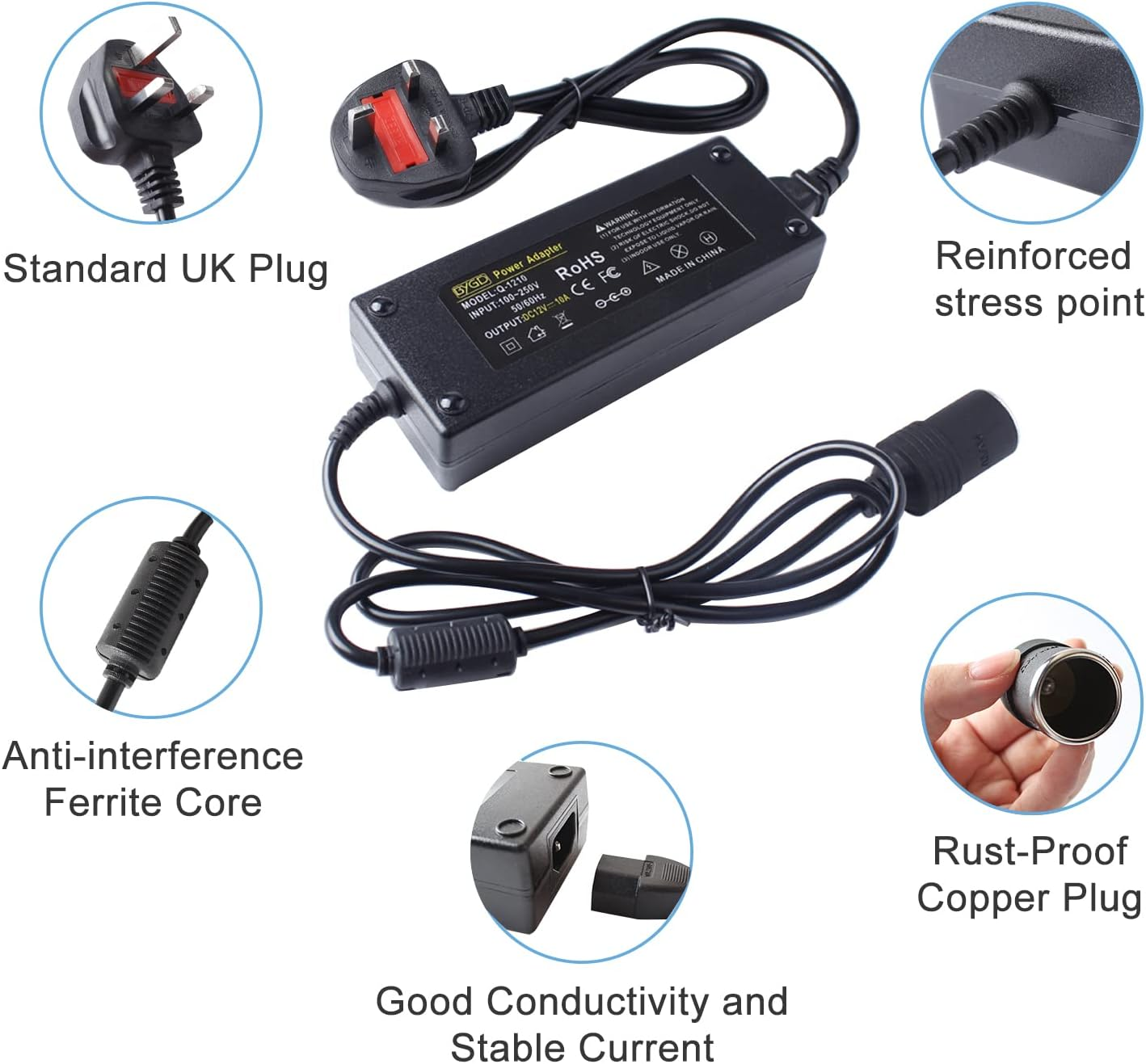 BYGD AC to DC Converter, 100V ~ 240V to 12V 10A 120W, Car Cigarette Lighter Socket AC/DC Power Supply Adapter Transformer for Tire Inflator, Car Refrigerator, Car Vacuum Cleaner, and Other Car Devices image number 5