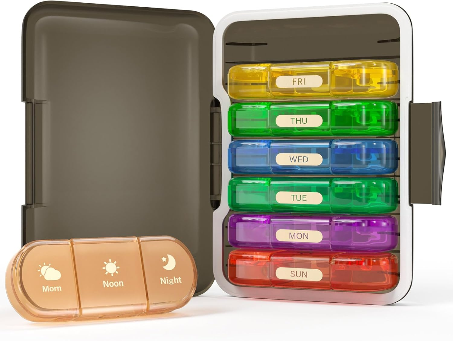 Weekly Pill Organizer 2 Times a Day, 7 Day Pill Box 2 Times, Portable for Travel Pill Case for Pills/Vitamin/Fish Oil/Medication/Supplements (2X7 Black+Rainbow) image number 3