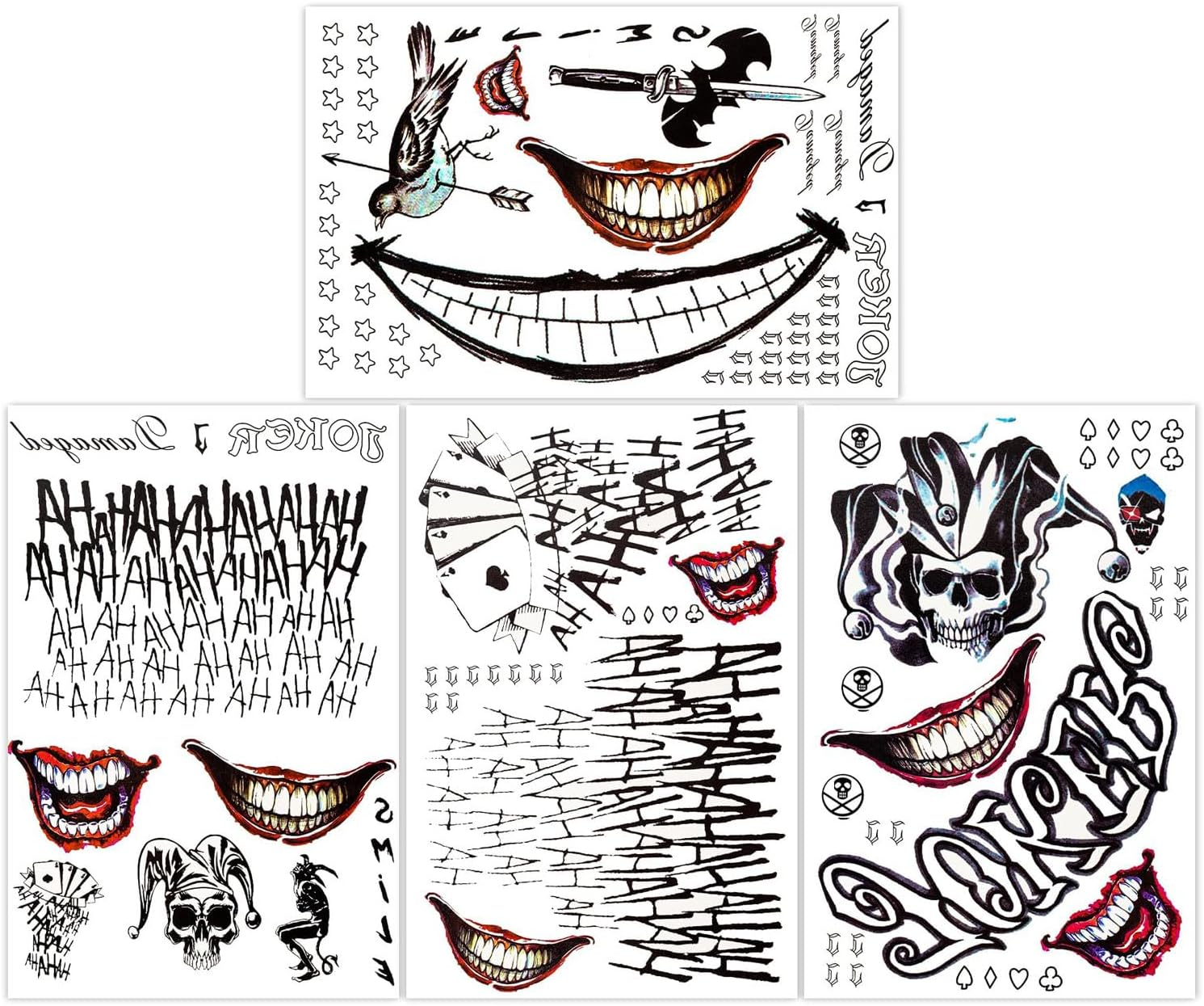 4 Sheets Large-Size Joker Tattoos, Halloween Fake Temp Tattoo for Men Adult, Perfect for Halloween Costumes Cosplay Makeup Party Accessories image number 1