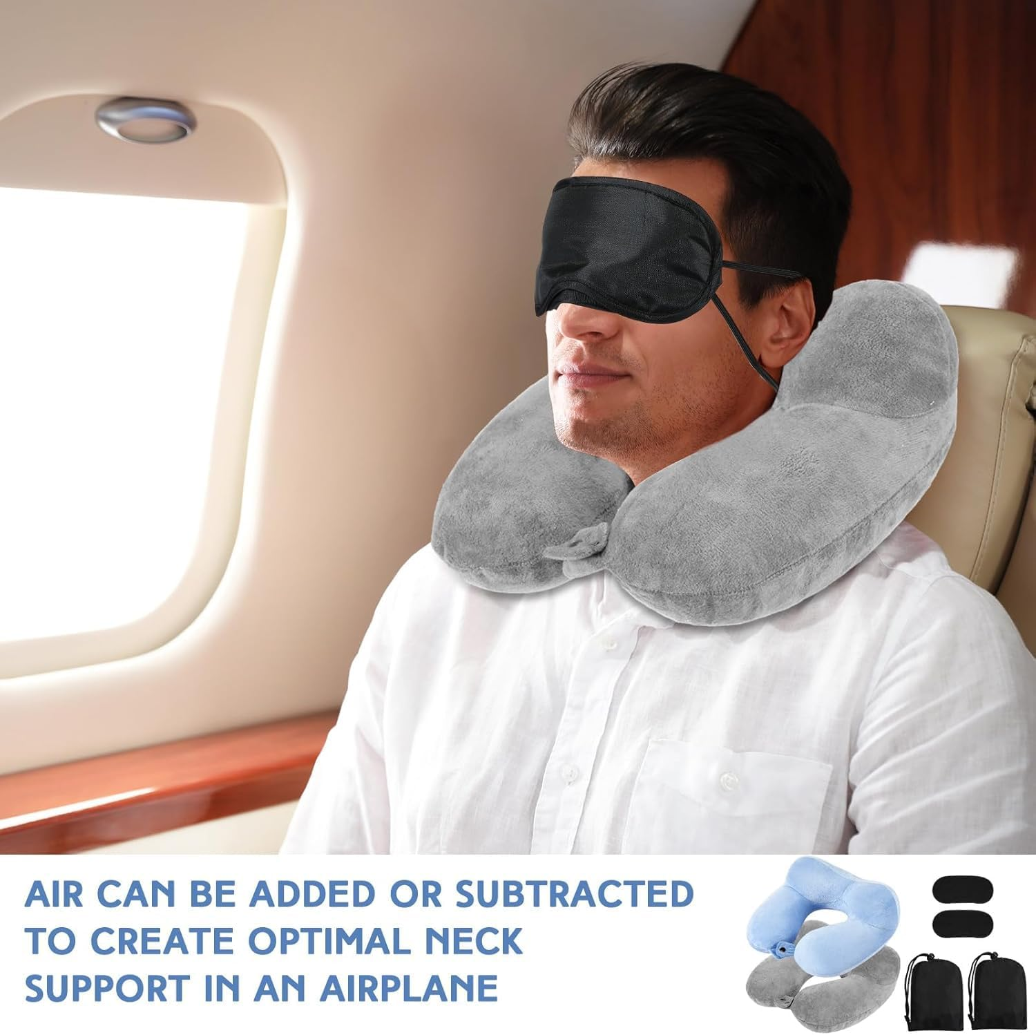 2 Pack Inflatable Travel Pillow for Airplanes Inflatable Neck Flight Pillows with Compact Bag and Blindfold for Traveling, Airplane, Train, Car, Office(Light Gray and Sky Blue) image number 5