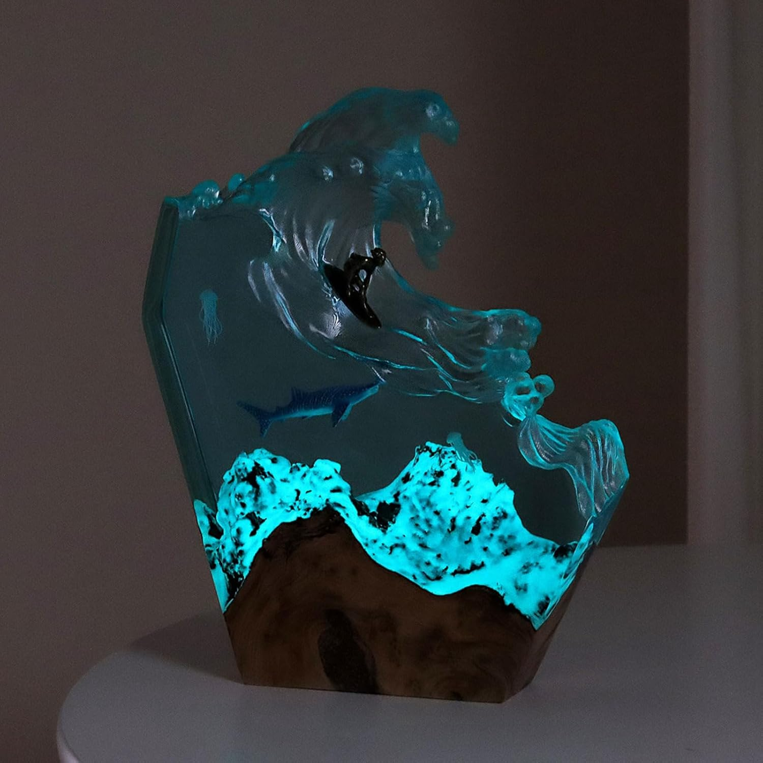 Jectse Ocean Surfing Night Light LED Resin Wood Handmade Bedside Table Lamp for Office Bedroom Decor, 6 Levels Brightness with USB Cable