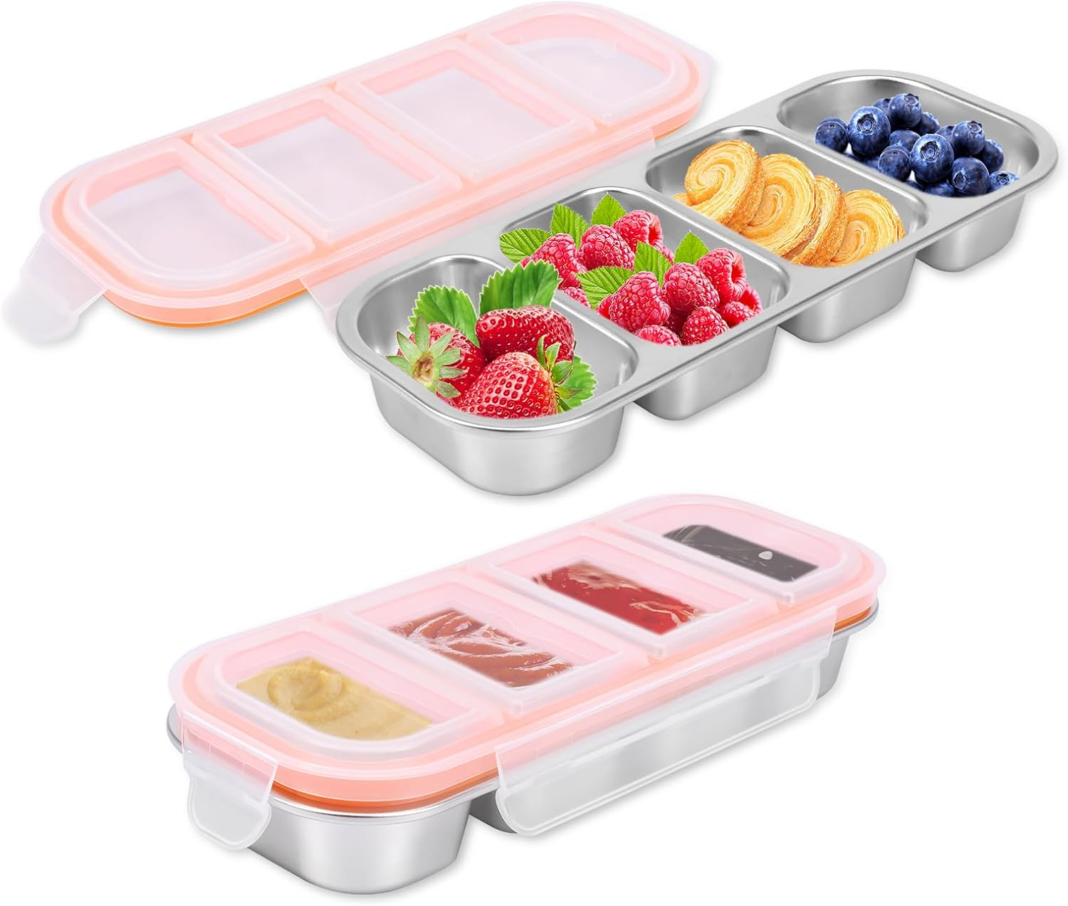 2 Pcs Stainless Steel Snack with Lid, 600/700Ml Leak Proof Crisper Compartment Box Reusable Snack Pack Container with Fork Spoon Utensil Organizer for Home Office Traveling