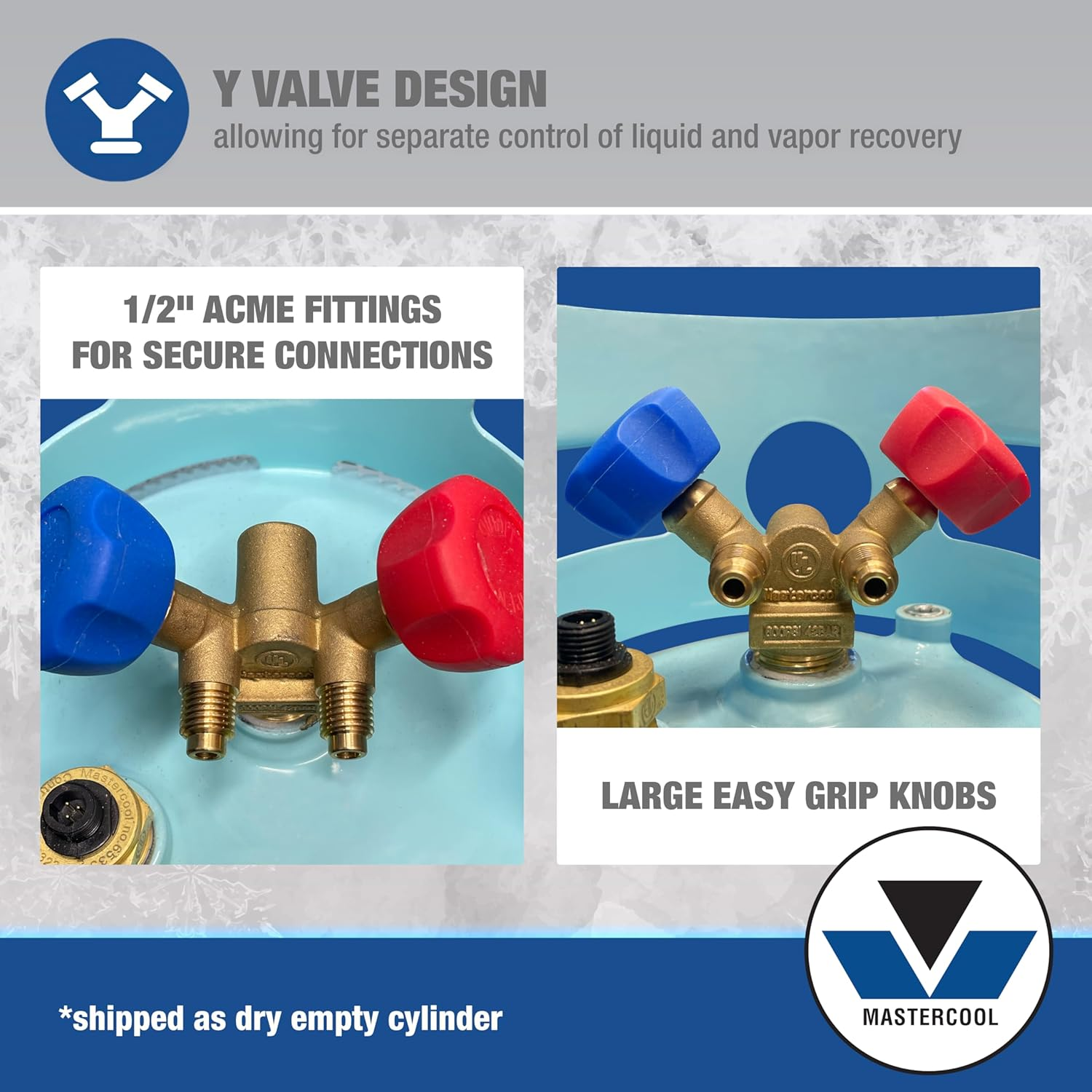 Mastercool 67010 30 Lb Refrigerant Recovery Cylinder with Float Switch, Dot-Approved, 1/2" Acme Connections, HP295 Steel, Blue (No Refrigerant Included) image number 3