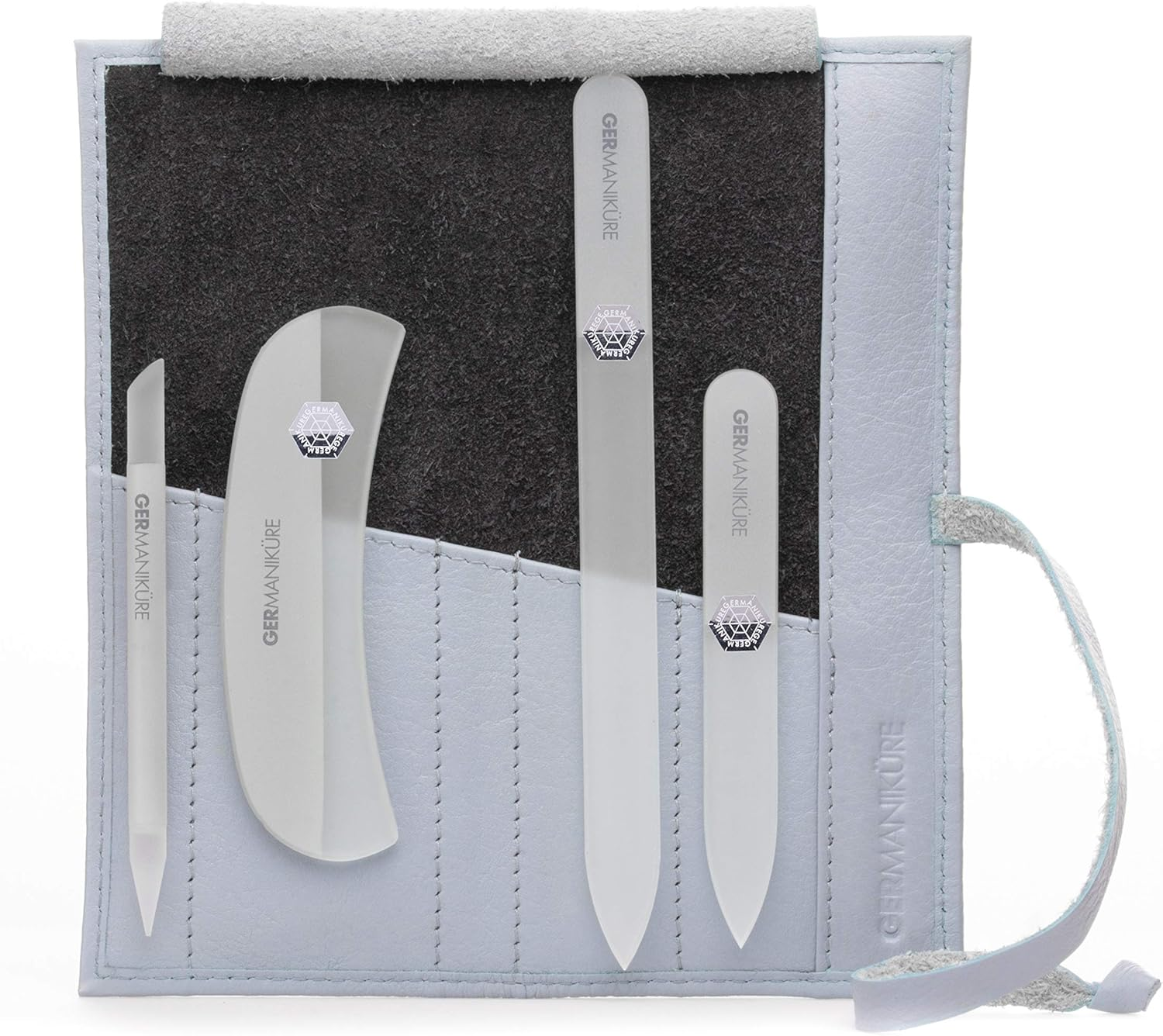 GERMANIKURE Gray Crystal Glass Nail File Set in Eggplant Purple Leather Case &ndash; Handmade in Czech Republic &ndash; Professional Manicure & Pedicure Supplies &ndash; Glass Cuticle Stick, Pusher, Moon File