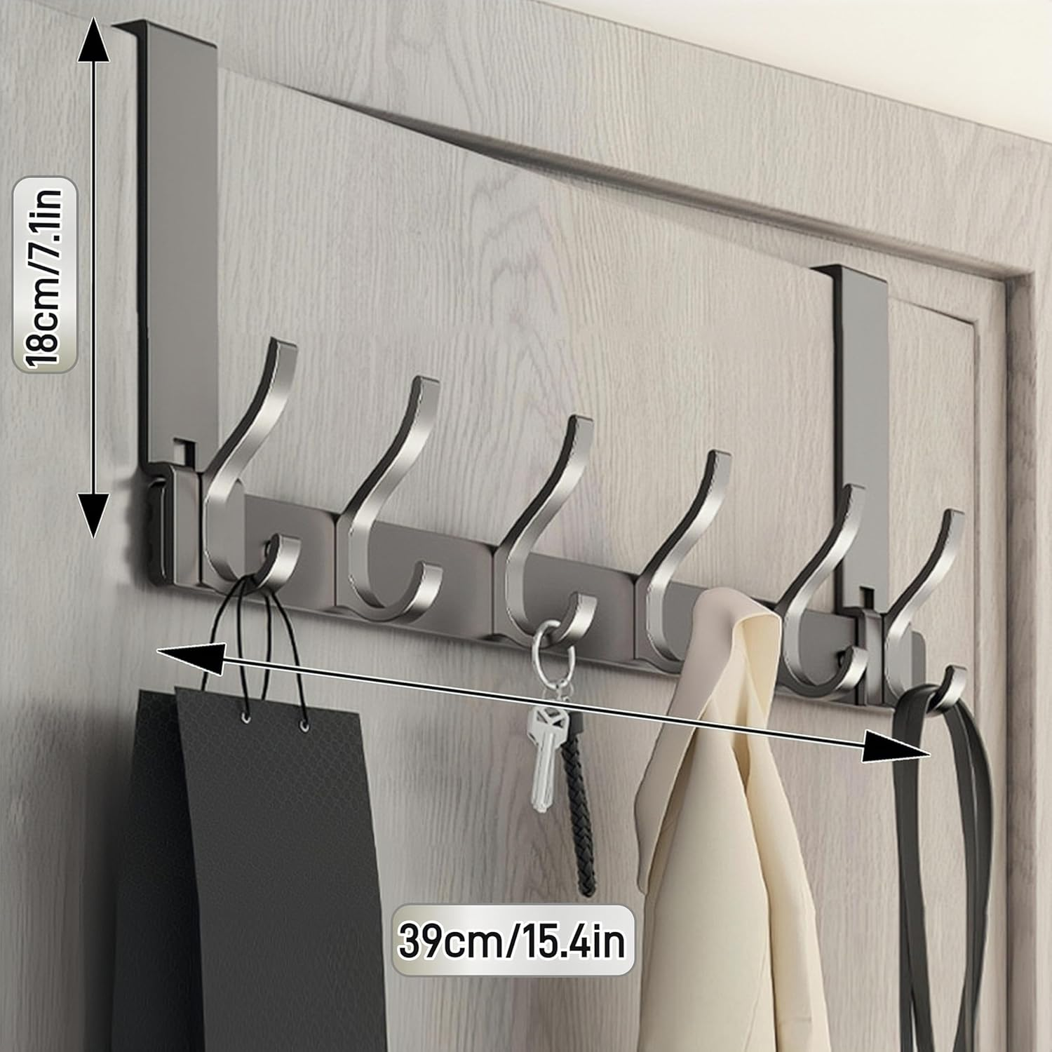 Over the Door Hook Hanger with 6 Double Coat Hooks over the Door, over the Door Towel Rack, Towel Rack behind Bathroom Bedroom Closet Door for Hanging Clothes, Towels, Hats, Etc. (Matte Gray) image number 6