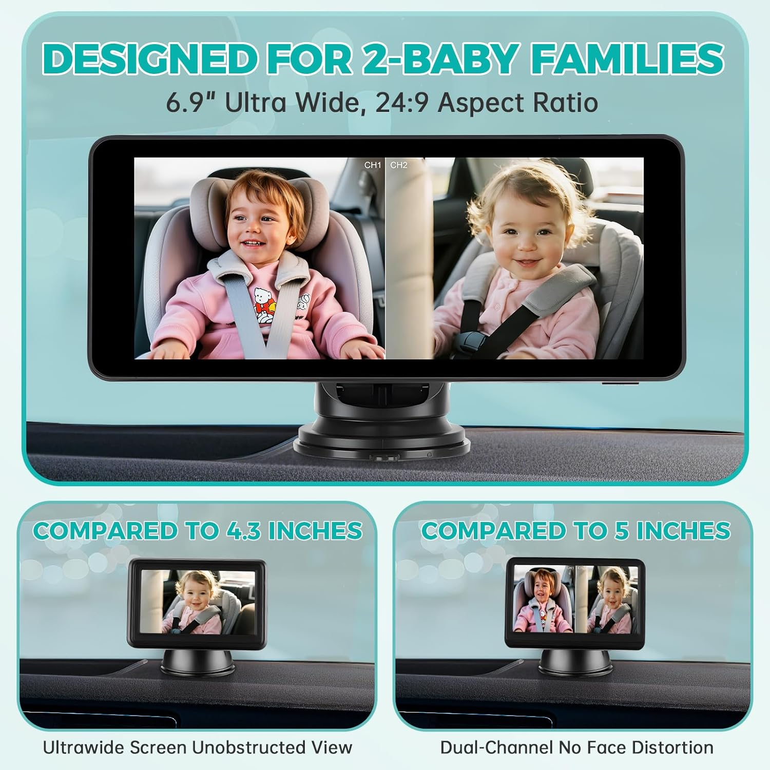 Baby Car Camera for 2 Kids,6.9" Large HD Display Dual Channel Baby Monitor, 1080P IR Night Vision Car Seat Camera,Facing View Ideal for Kids and Pet Safety,Newborn Essentials & Baby Shower Gifts image number 2