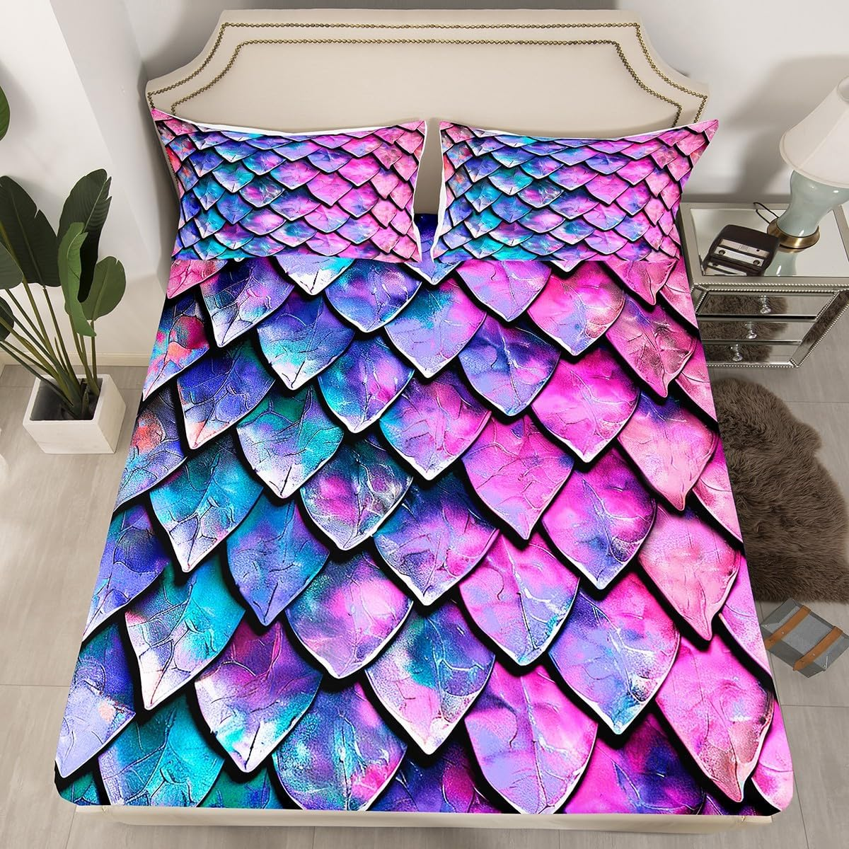 Feelyou Dragon Scale Bed Sheets Set Twin Size Wild Animal Skin Sheet Set for Kids Girls Decor Glitter Psychedelic Animal Sheets with Deep Pocket Fitted Sheet Wild Safari Theme Purple Pink Bedding Set