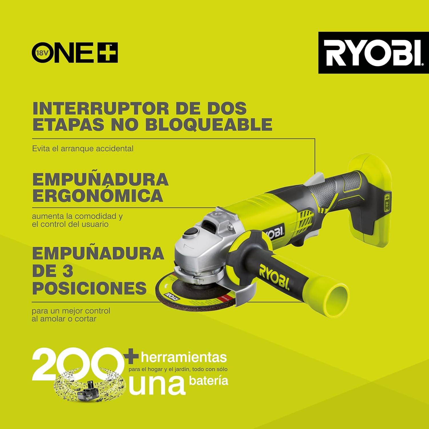 Ryobi R18AG-0 ONE+ Angle Grinder, 18V (Body Only), Green & Black image number 6