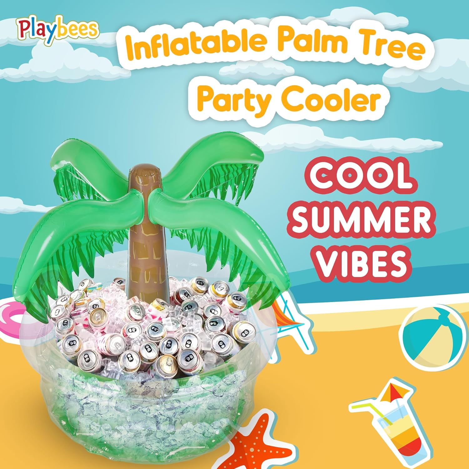 Playbees Inflatable Palm Tree Cooler 28" - Blow up Palm Tree Party Cooler, Luau Hawaiian Tropical Beach Theme, Summer Swimming Pool Party Decorations - Outdoor Party Supplies - Kids Adults Birthday image number 5