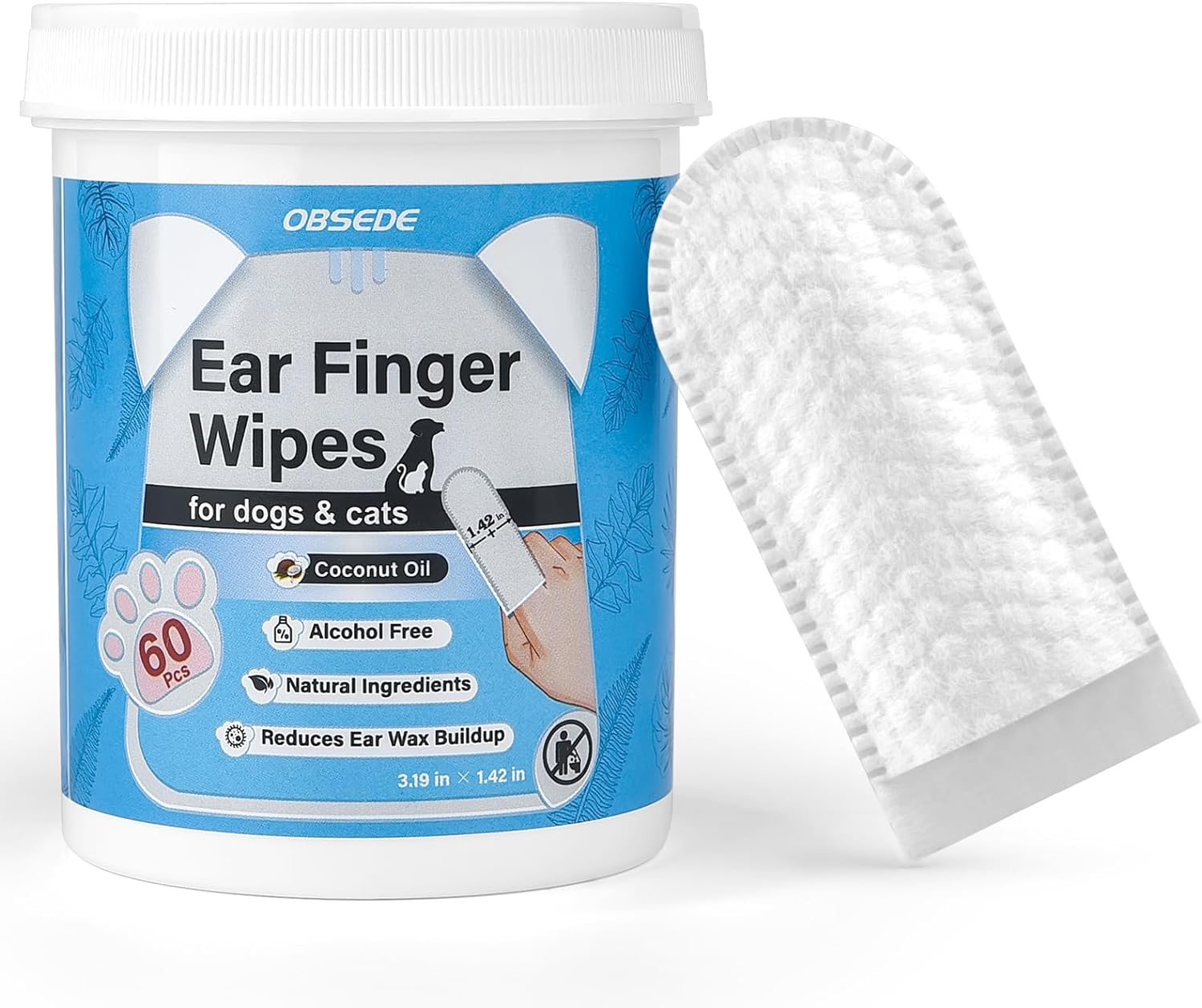 OBSEDE Ear Cleaner Finger Wipes, Grooming Kit Care for Dogs and Cats Regular Soothing Odor Control Reduce Dirt Wax Build up Pet Supplies Easy to Use Fresh Coconut Scent, 60 Count image number 2