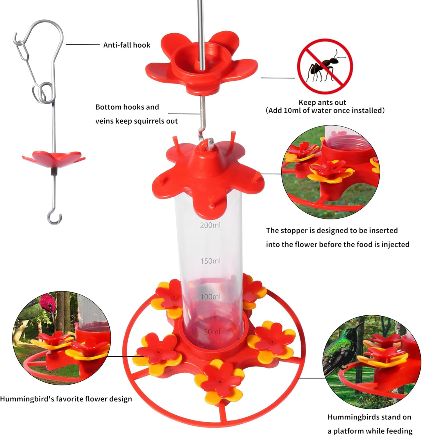 Hummingbird Feeder 2 Pack, Leak Proof Hummingbird Feeders for Outdoors with Ant & Bee Proof and Removable 5 Cross Feeding Ports, Plastic Wide Mouth for Outdoors Hanging, Garden, Deck, Patio image number 6