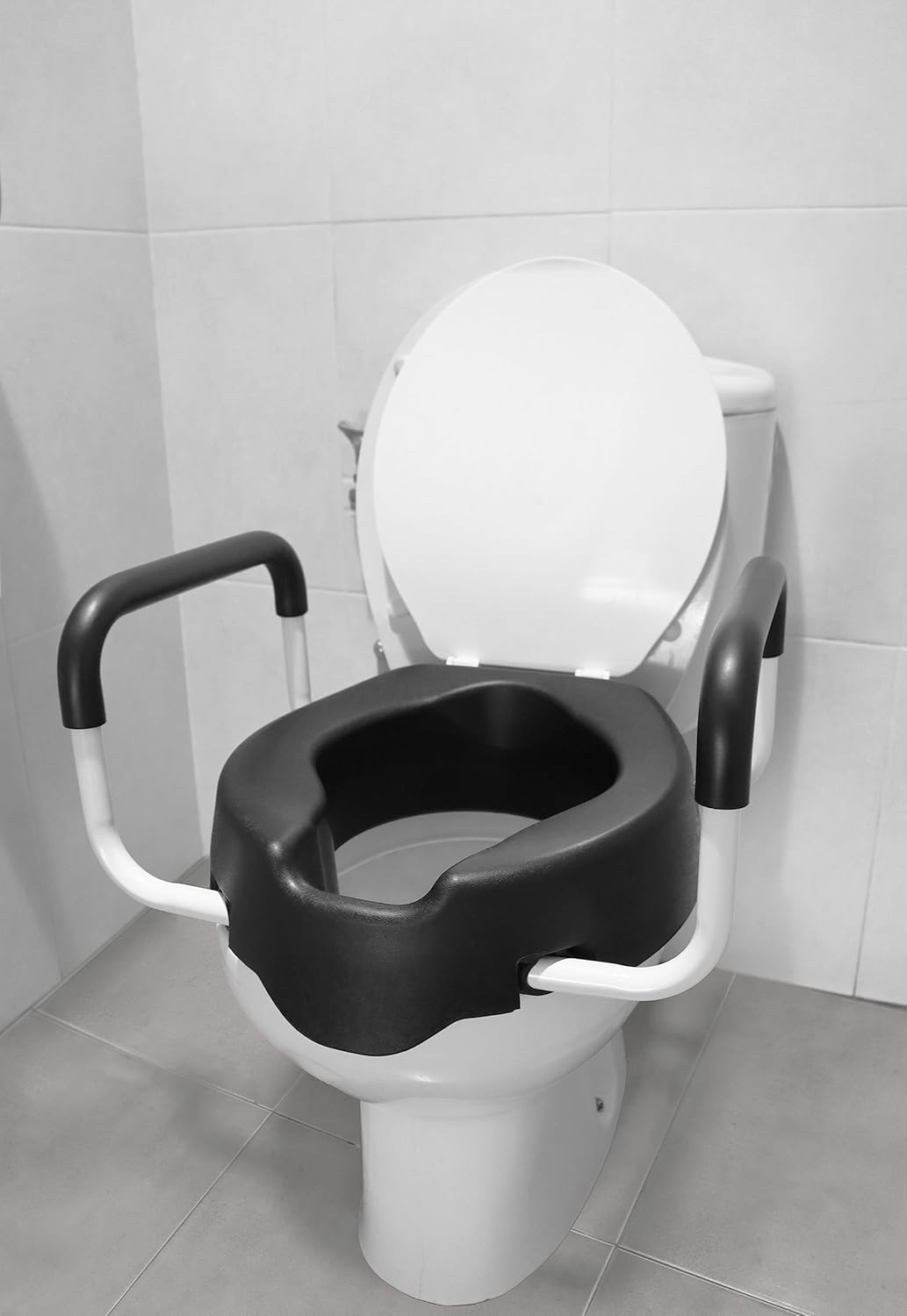 KMINA - Toilet Seat Riser with Handles (4", Soft), Raised Toilet Seat with Lid, Elevated Toilet Seats for Seniors, Toilet Seat Raiser, Elongated Toilet Seat, Raised Toilet Seat with Arms Black