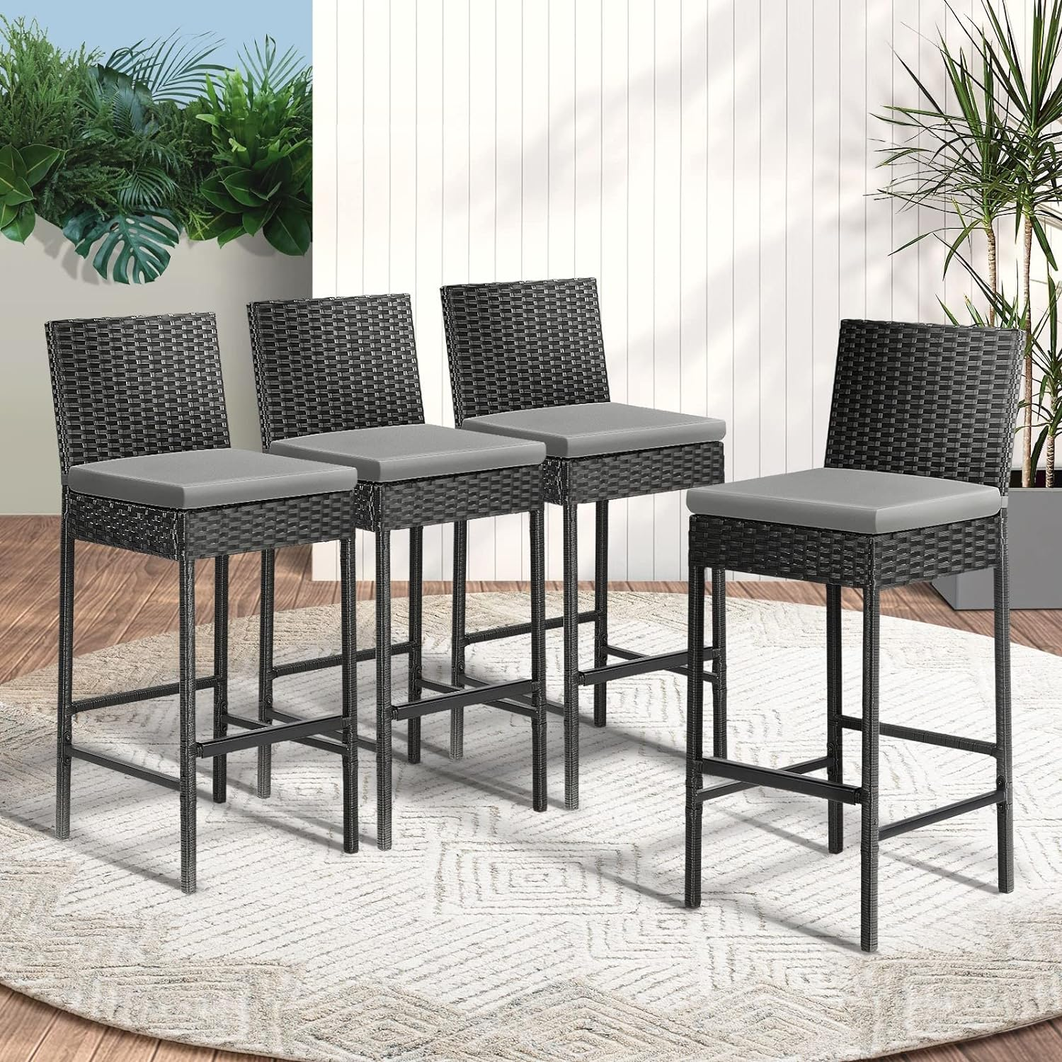 Livsip Outdoor Bar Sets Bar Stool High Stools Rattan Wicker Chair Outdoor Furniture Sets Garden Patio Dining Chair X 4 Black
